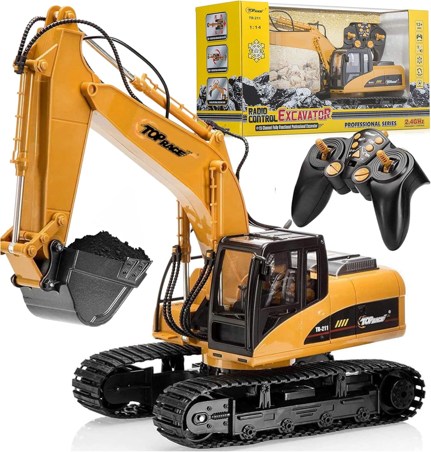 Top Race 15 Channel RC Digger Excavator - Fully Functional Remote Control Tractor 1:14 Scale Construction Truck with Lights and Sound - Ages 8+