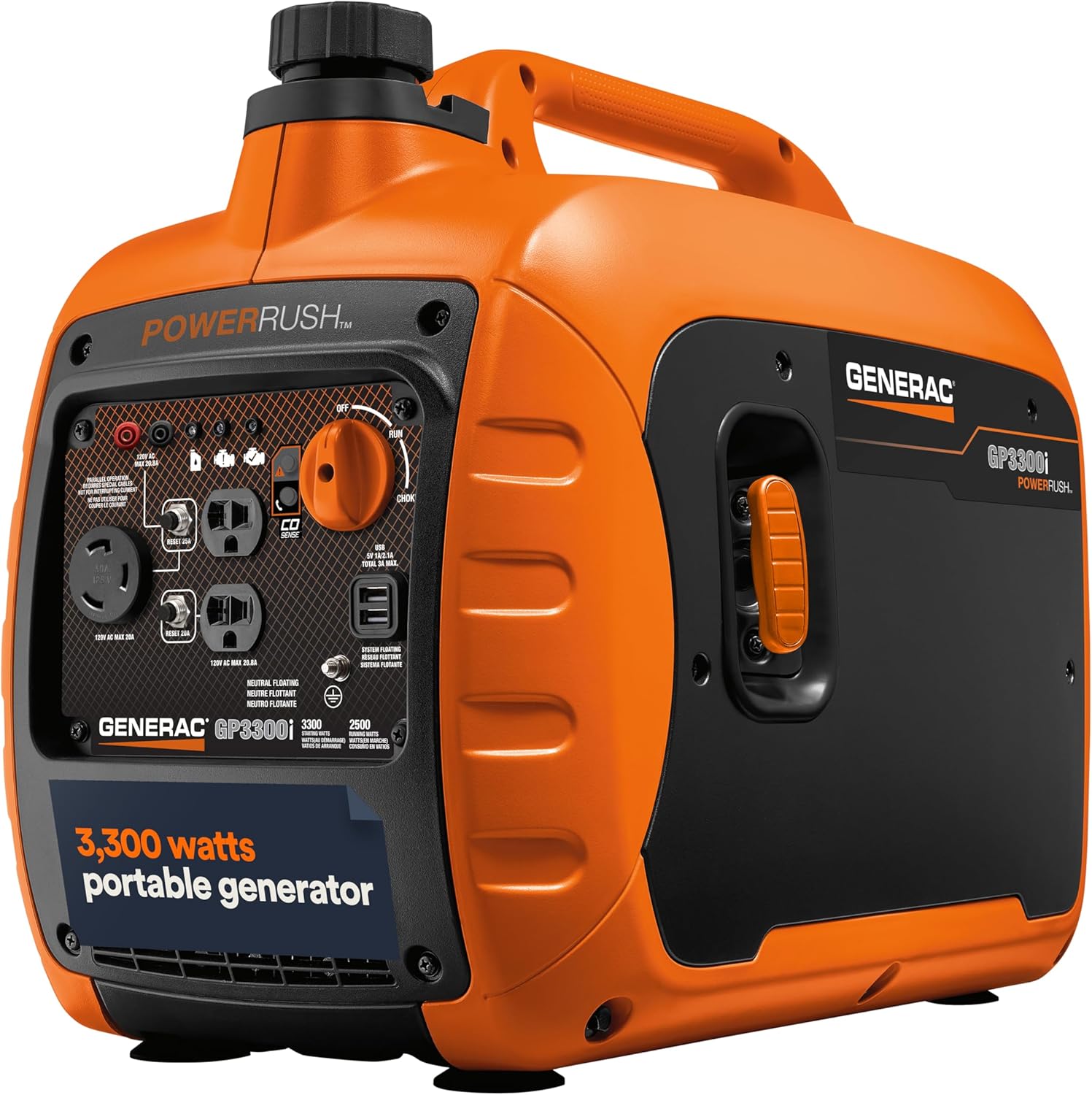 Generac 3,300-Watt Gas Powered Portable Inverter Generator - Lightweight and Compact - USB Ports for Device Charging - Produces Clean, Stable Power - Great for Home Backup, Camping, and RV Use