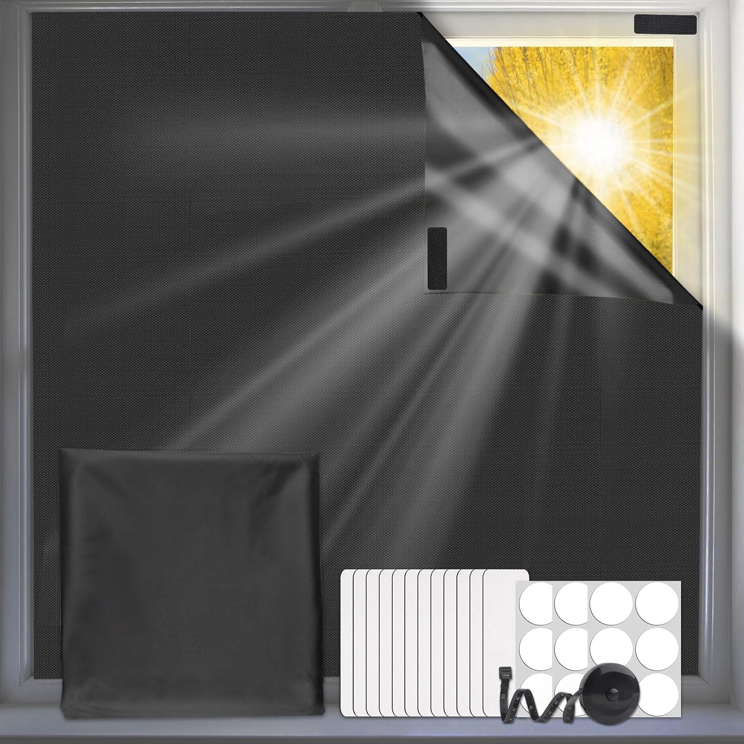 Portable Blackout Blinds 200x145cm, Temporary 100% Blackout Material with Self Adhesive Fasteners and Scissors, No Drill Stick On Blinds Blackout Curtains for Bedroom, Loft