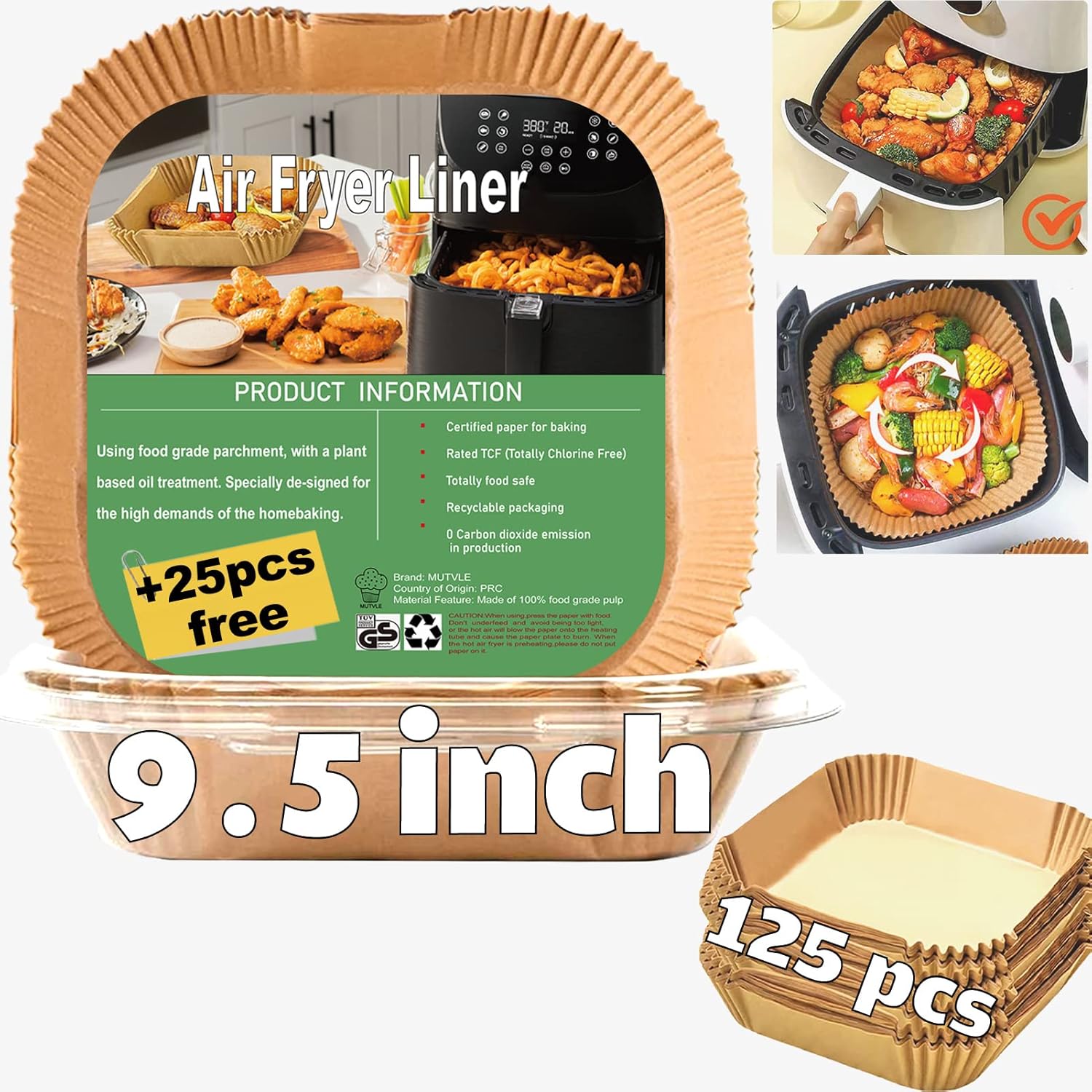 Air Fryer Liners for Power XL, Chefman 10QT 12QT Oven, Instant Pot Air Fryer, XL Disposable Air Fryer Paper Liners,Air Fryer Parchment Paper Liners 9.5 Inch Square, 125PCS Air Fryer Oven Liners