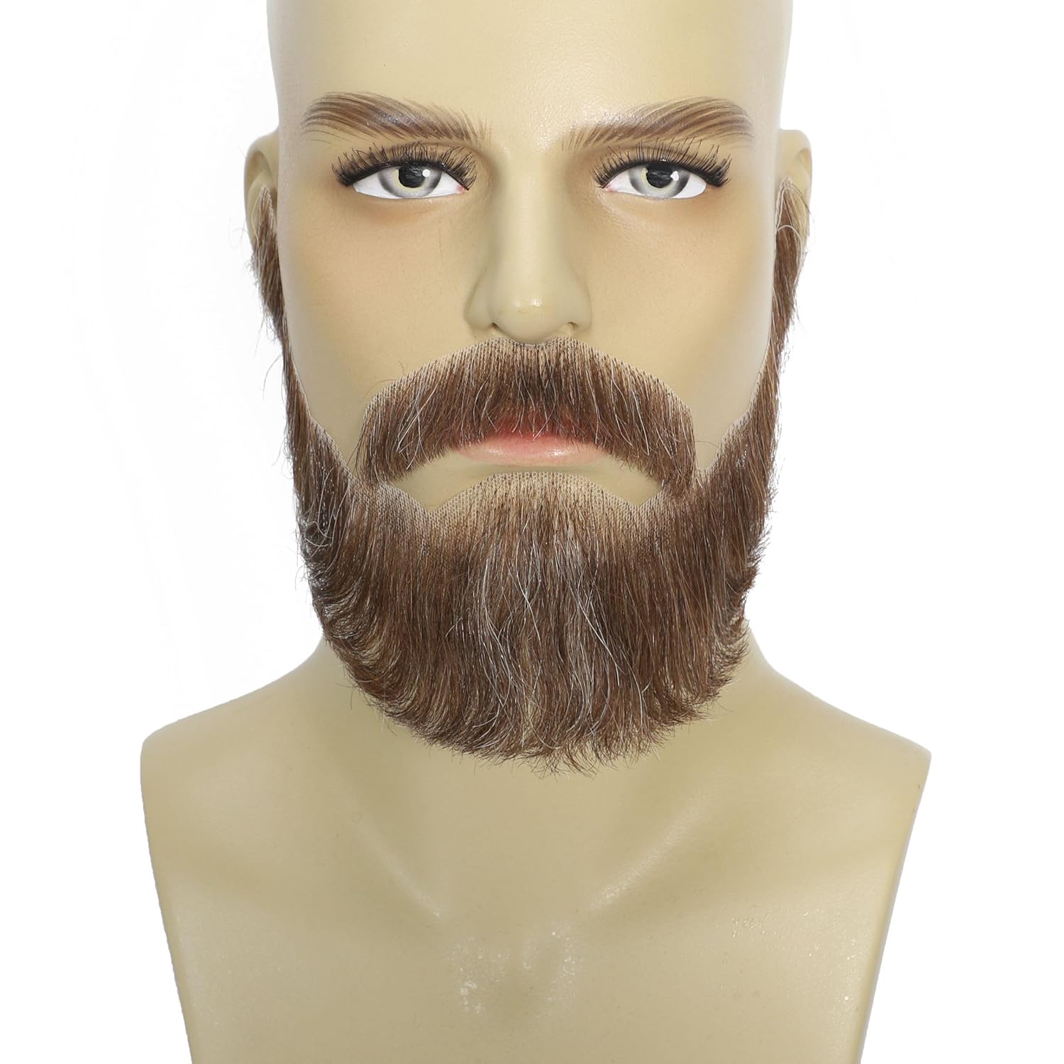 Fake Full Beard with Sideburns for Men, Bushy Human Hair Beard with Soft Lace Backside, Realistic Thick Mustache and Beard Costume for Cosplay, Halloween and Performance (Brown mix with Grey-White)