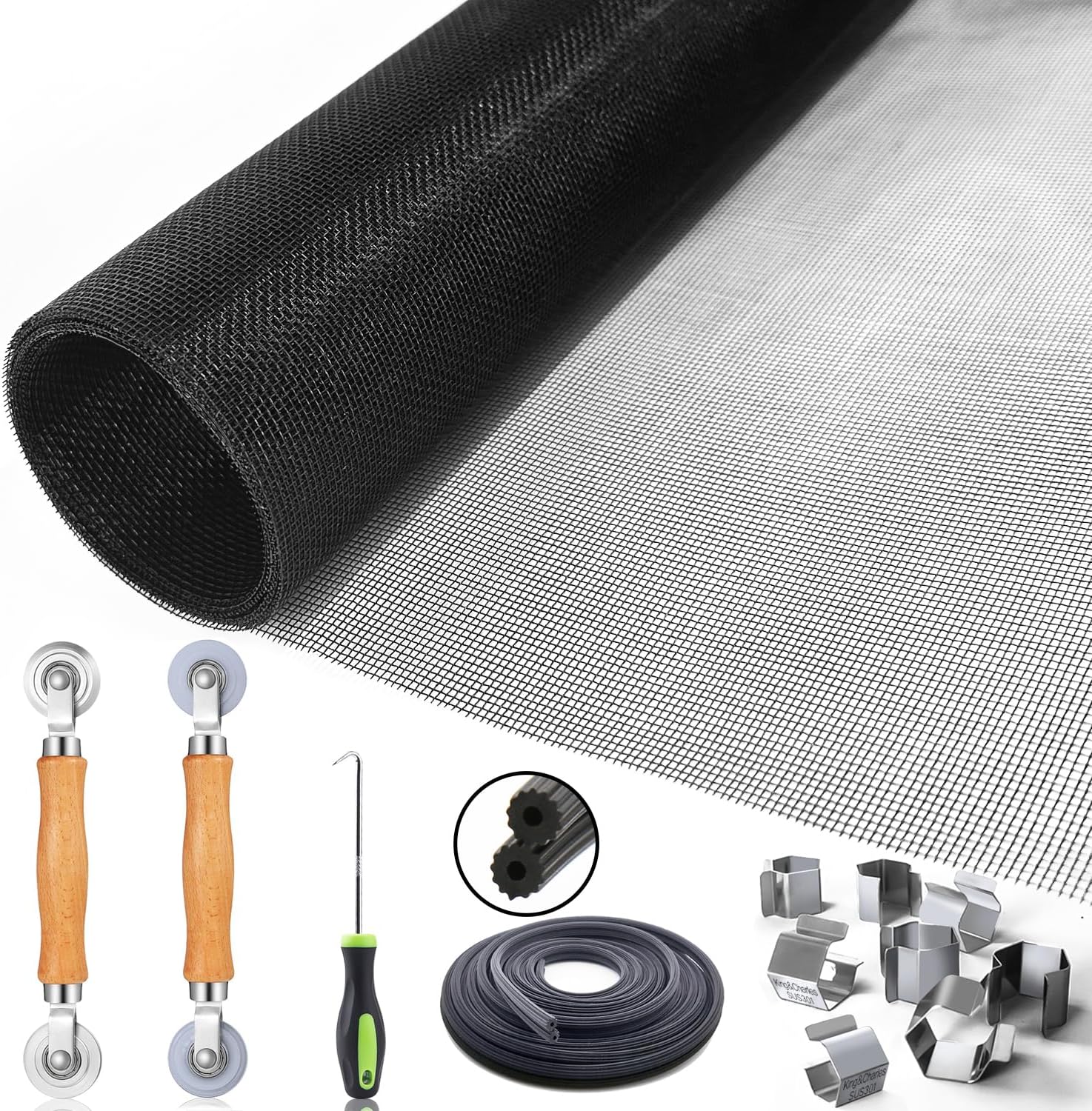 Window Screen Door Repair/Replacement Kit, King&Charles Include Black Screen Mesh 48"x118"+ 2 Roller+50Ft Spline+8Clips+Hook, 6 in 1 Window Mesh Kit, Steel/Nylon Bearing Roller