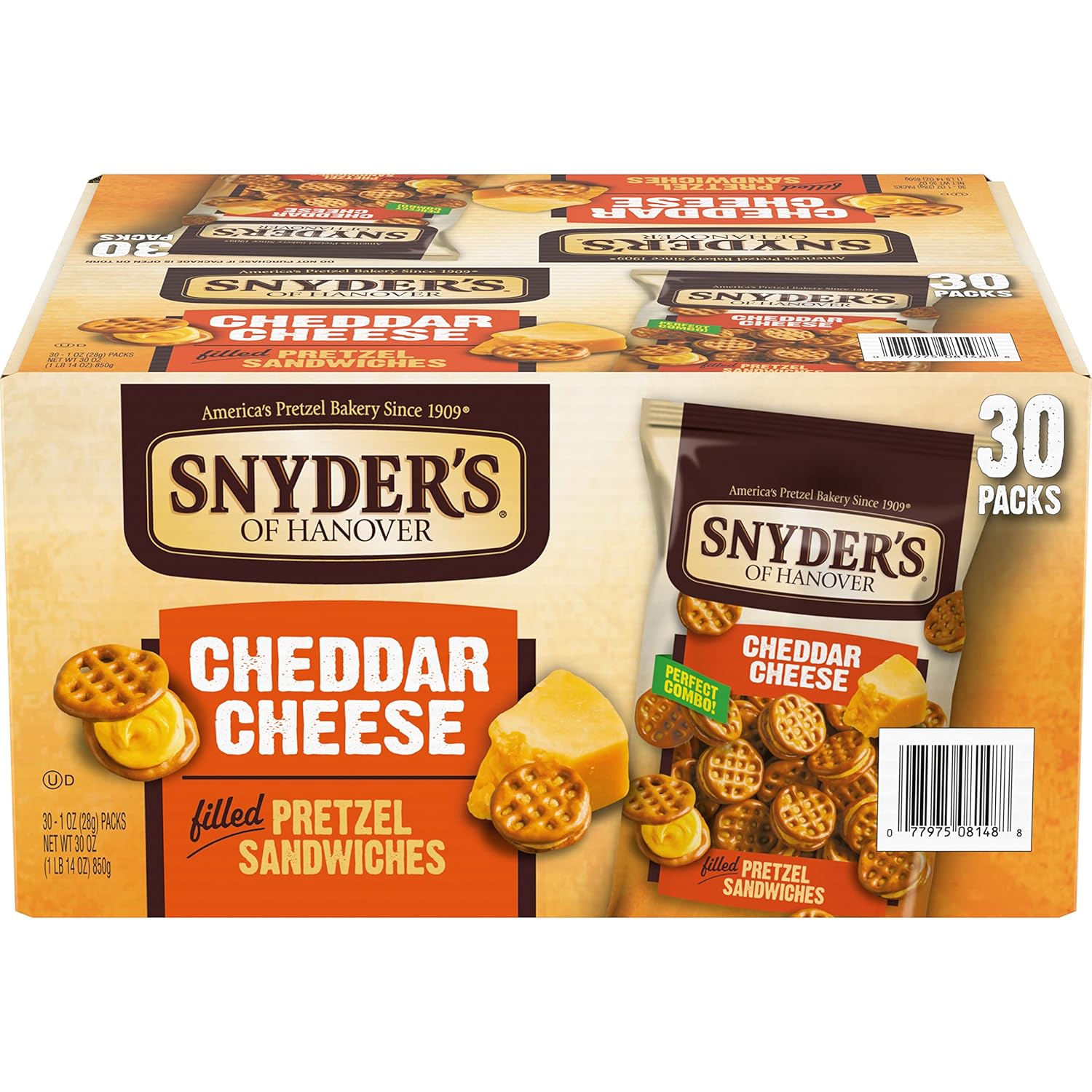 Snyder's of Hanover Pretzel Sandwiches, Cheddar Cheese, Snack Packs, 30 Ct