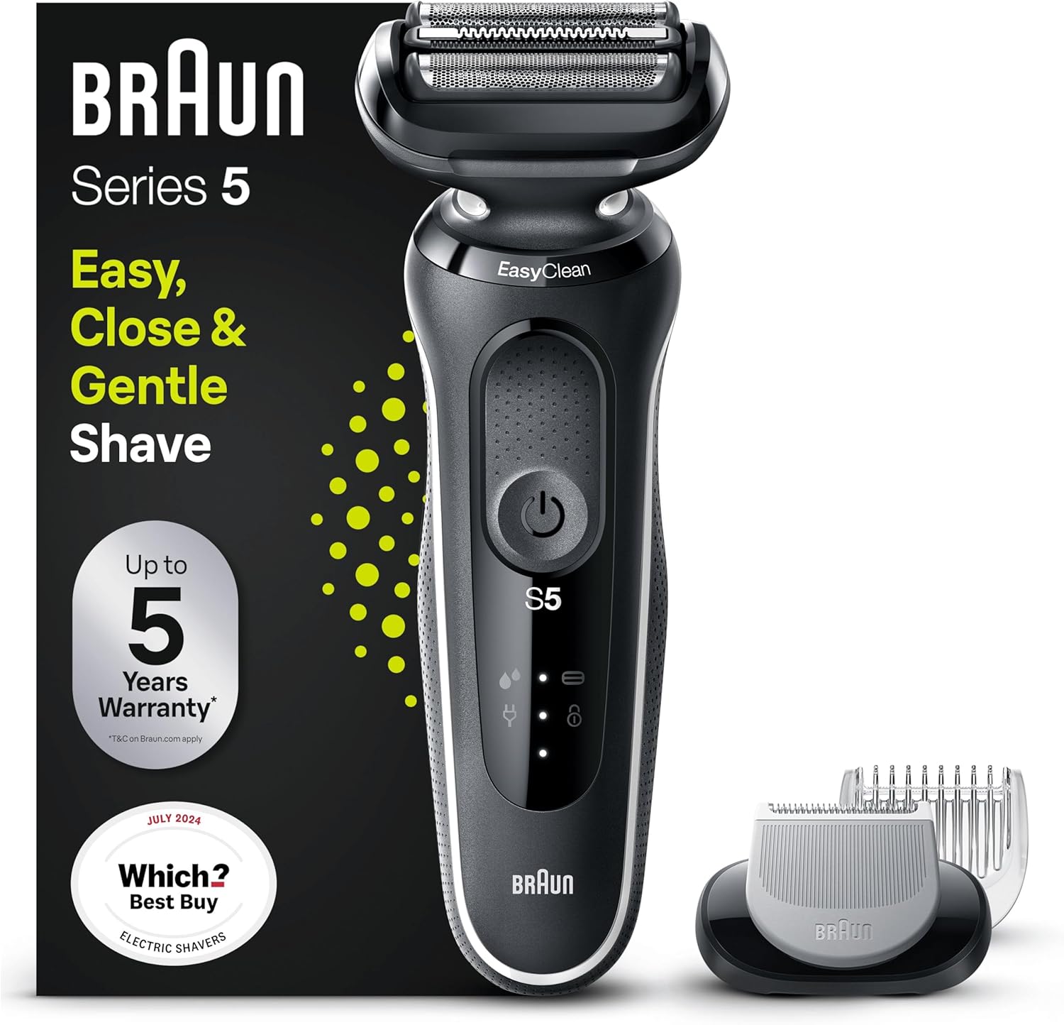 Braun Series 5 51-W1600s Electric Shaver for Men with EasyClick Body Groomer Attachment, EasyClean, Wet & Dry, Rechargeable, Cordless Foil Razor, White, Rated Which Best Buy