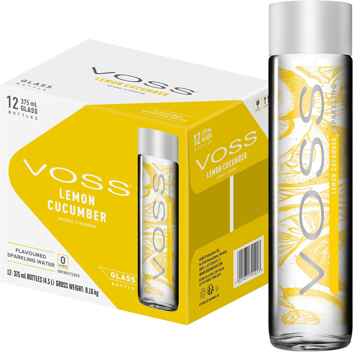 Voss Lemon Cucumber Flavoured Sparkling Water, Pack of 12 x 375ml Original Glass Bottles, Zero Calories, No Sugar, Naturally Sourced