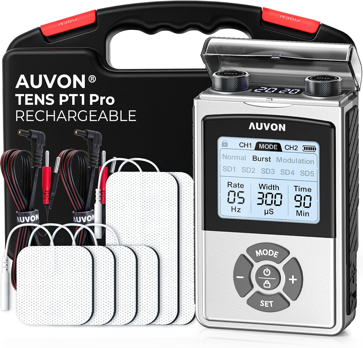AUVON Rechargeable Digital TENS Unit Muscle Stimulator with 600 mAh Battery, TENS Machine with 8 Customizable Modes, Electric Massager for Shoulder, Back Pain Relief, 6 TENS Pads, A Carry Case