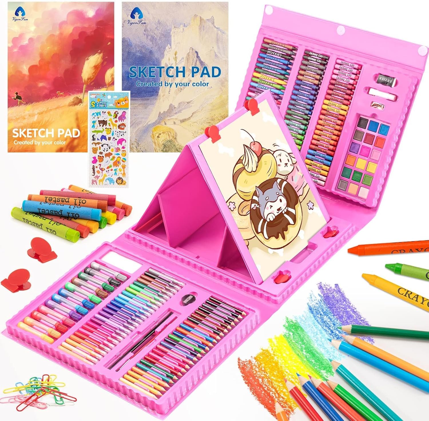 VigorFun Art Supplies, 240-Piece Drawing Art Kit, Gifts for Kids Girls Boys Teens, Art Set Crafts Case with Double Sided Trifold Easel, Includes Sketch Pads, Crayons, Colored Pencils (Pink)