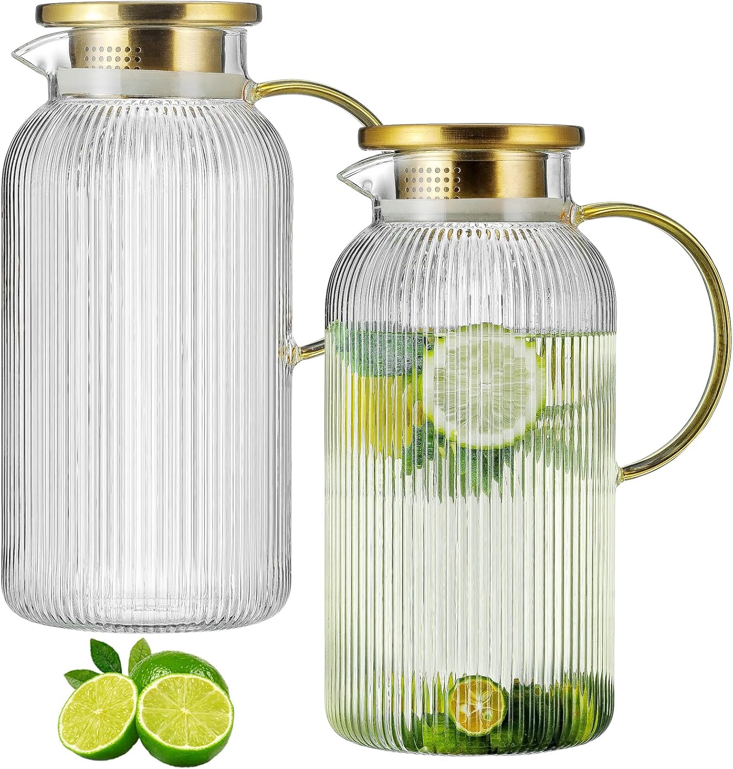 2 PACK Glass Pitcher with Lid, 68 oz/ 2 Liter Classic Vertical Stripes Water Pitcher,Glass Water Carafe for Cold Brew, Coffee, Lemonade, Iced Sun Tea,Beverage, Milk, Heat Resistant