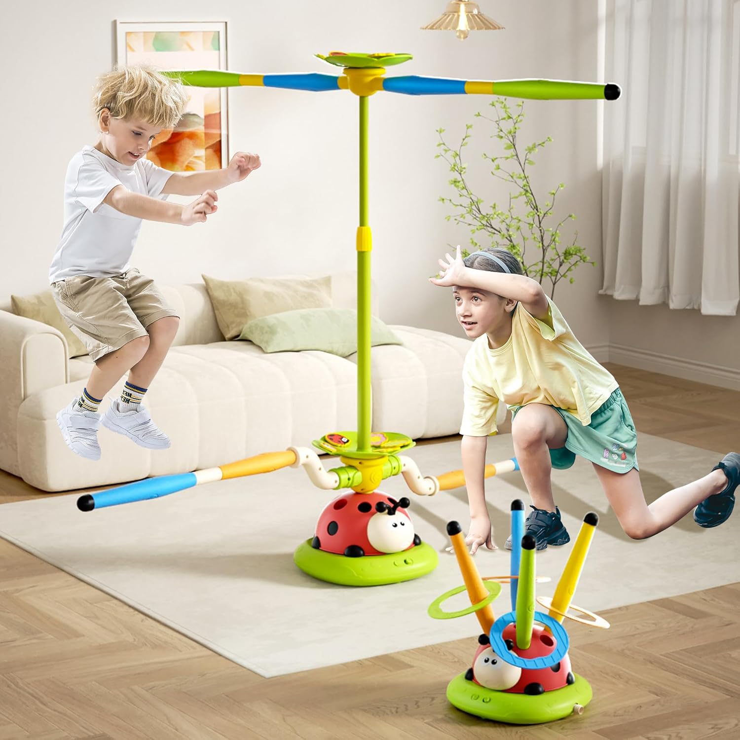 Multi-Functional Game Sports Machine, Kid Ladybug Fitness Machine Toy,Obstacle Course/Stomp Rocket Launch/Ring Toss/Musical Jump Toys with Remote Control, Outdoors Toys for 3-8 Years Boys Girls