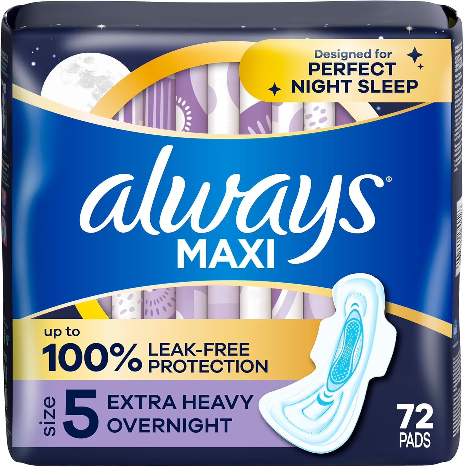 Always Maxi Overnight Pads with Wings for Women, Size 5, Extra Heavy Overnight Absorbency, Unscented, 72 Count (3 Packs of 34)