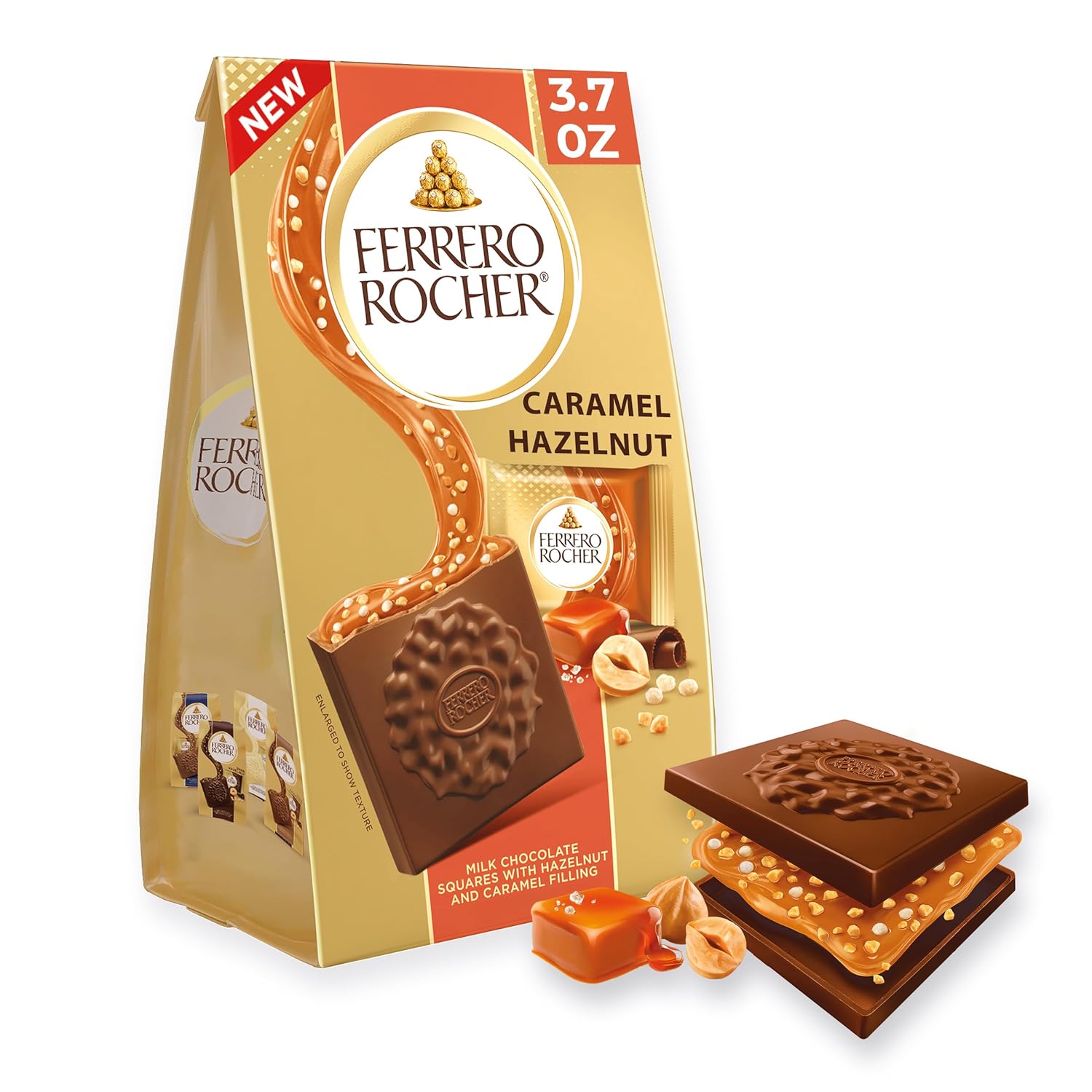 Ferrero Rocher Premium Caramel Hazelnut chocolate squares, Individually Wrapped Chocolates, Great for Sharing or Gifting, 3.7 oz