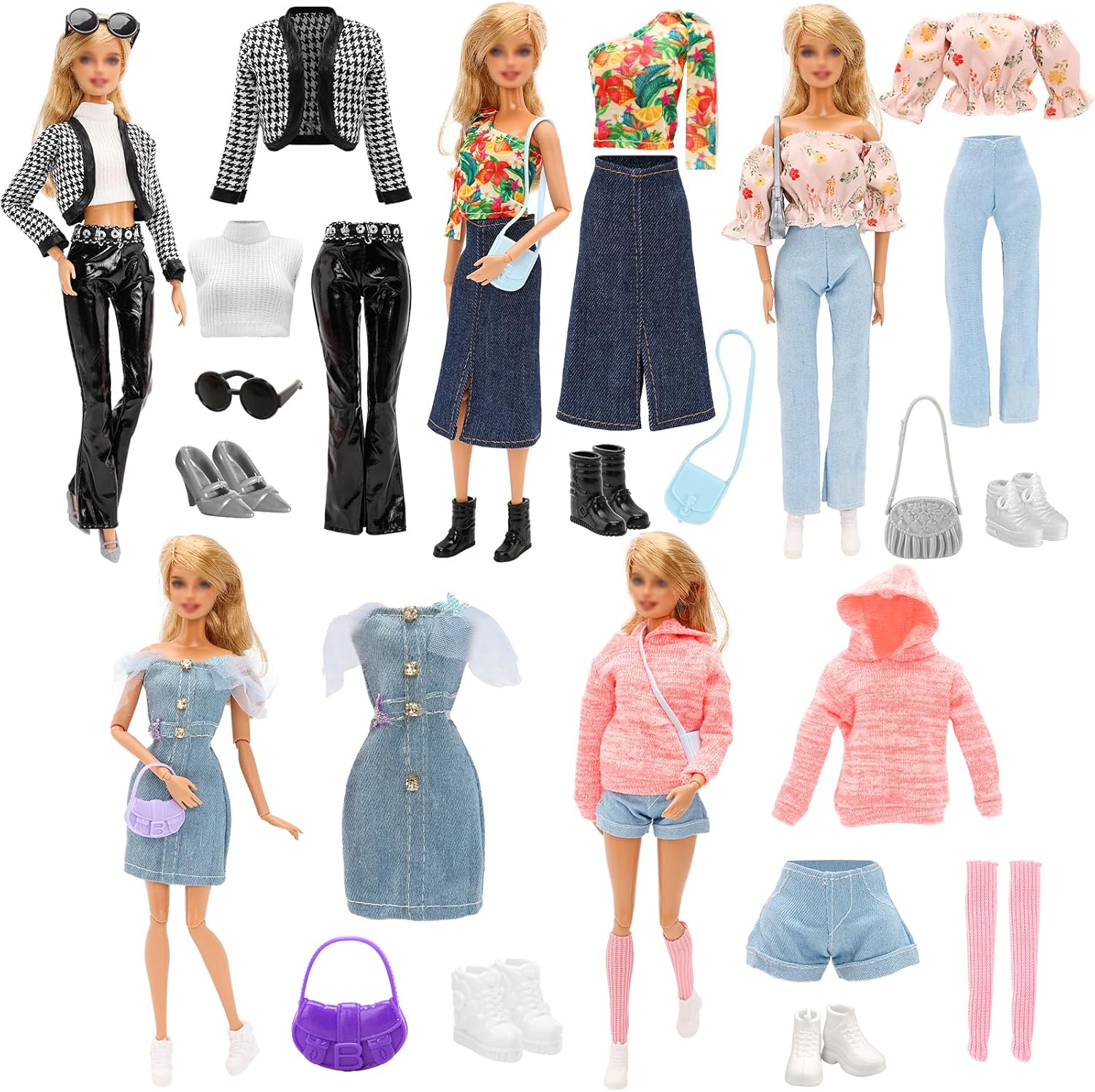 15 PCS Doll Clothes & Accessories Includes 5 Stylish Doll Outfit, Hooded Wear, Dress, Jacket, Casual Clothing with 5 Pairs of Shoes 5 Accessories for 11.5 Inch Girl Doll Fashion Set
