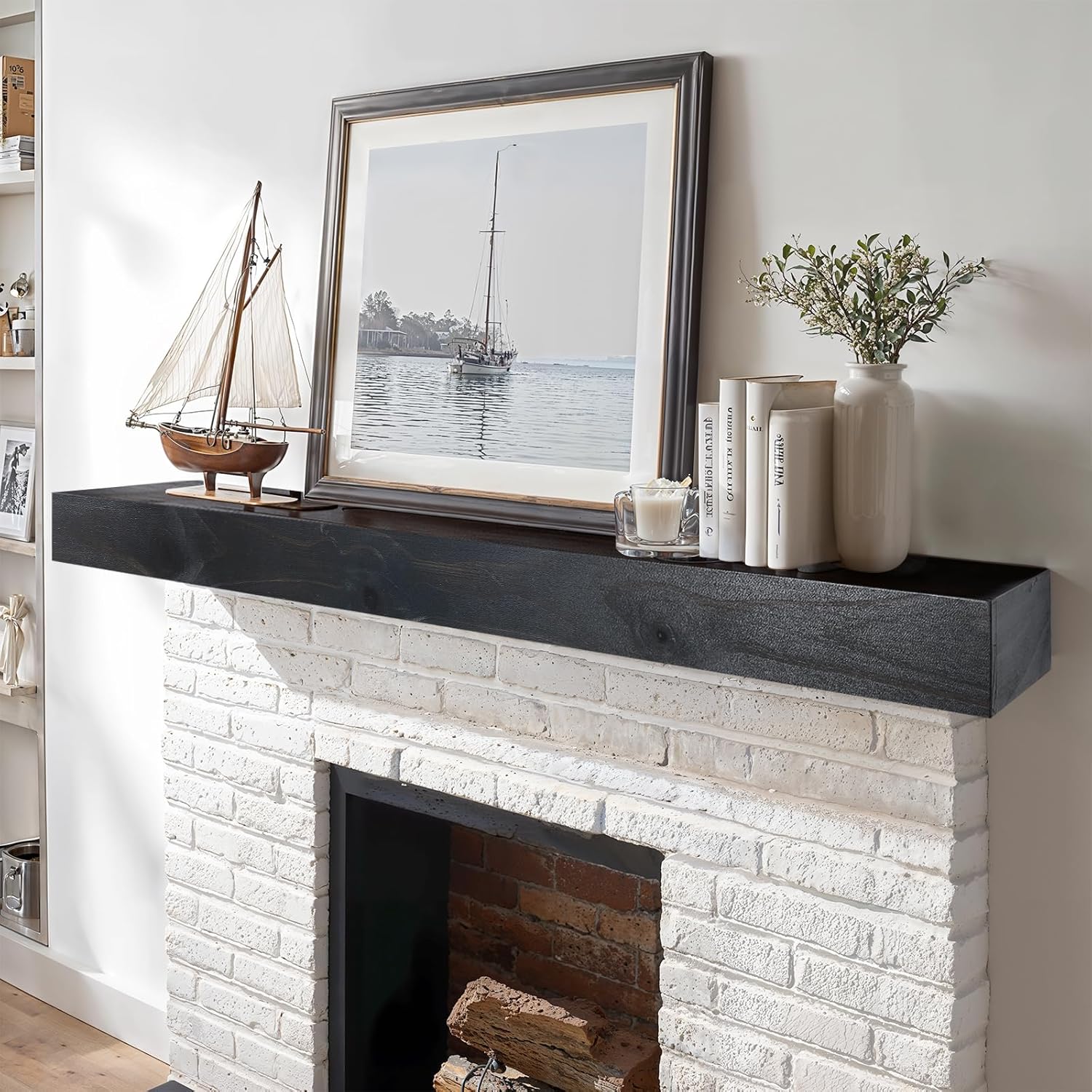 60” Fireplace Mantel, Rustic Wooden Hollow Shelf, Wall Mounted Mantel with Invisible Wooden Bracket, Black