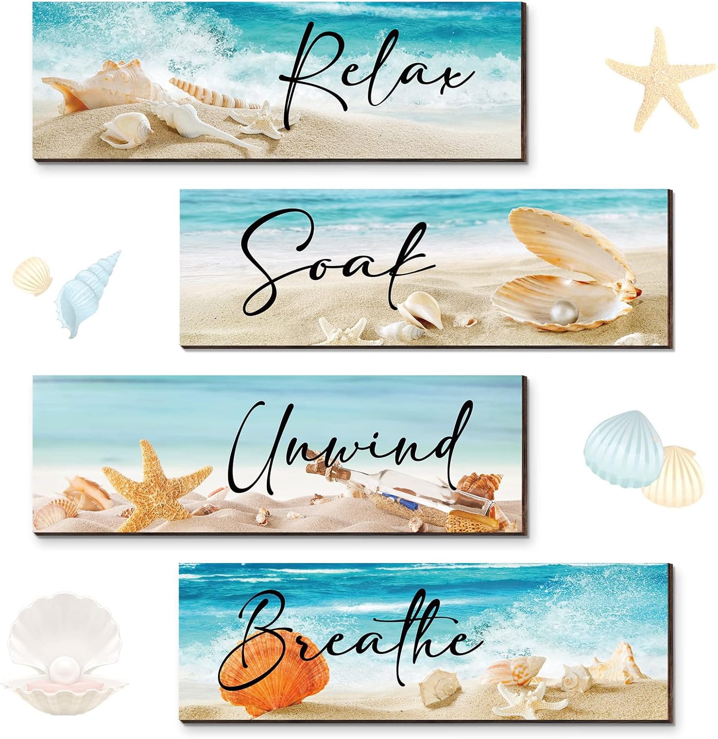 Yulejo 4 Pieces Ocean Beach Bathroom Wall Decors Wood Relax Soak Unwind Breathe Art Sign Hanging Seashell Starfish Wooden for Living Room Laundry Spa Washroom