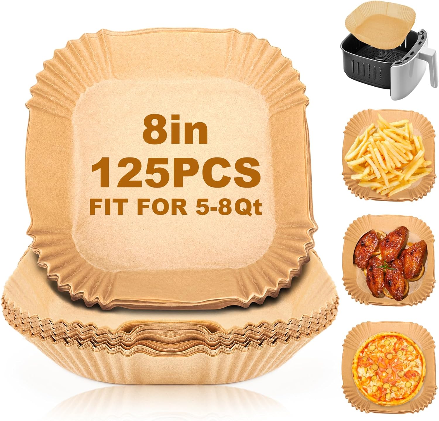 Air Fryer Disposable Paper Liners - 125Pcs 8In Square Parchment Paper Non-Stick Airfryer Basket Liners for Steamer Microwave Oven