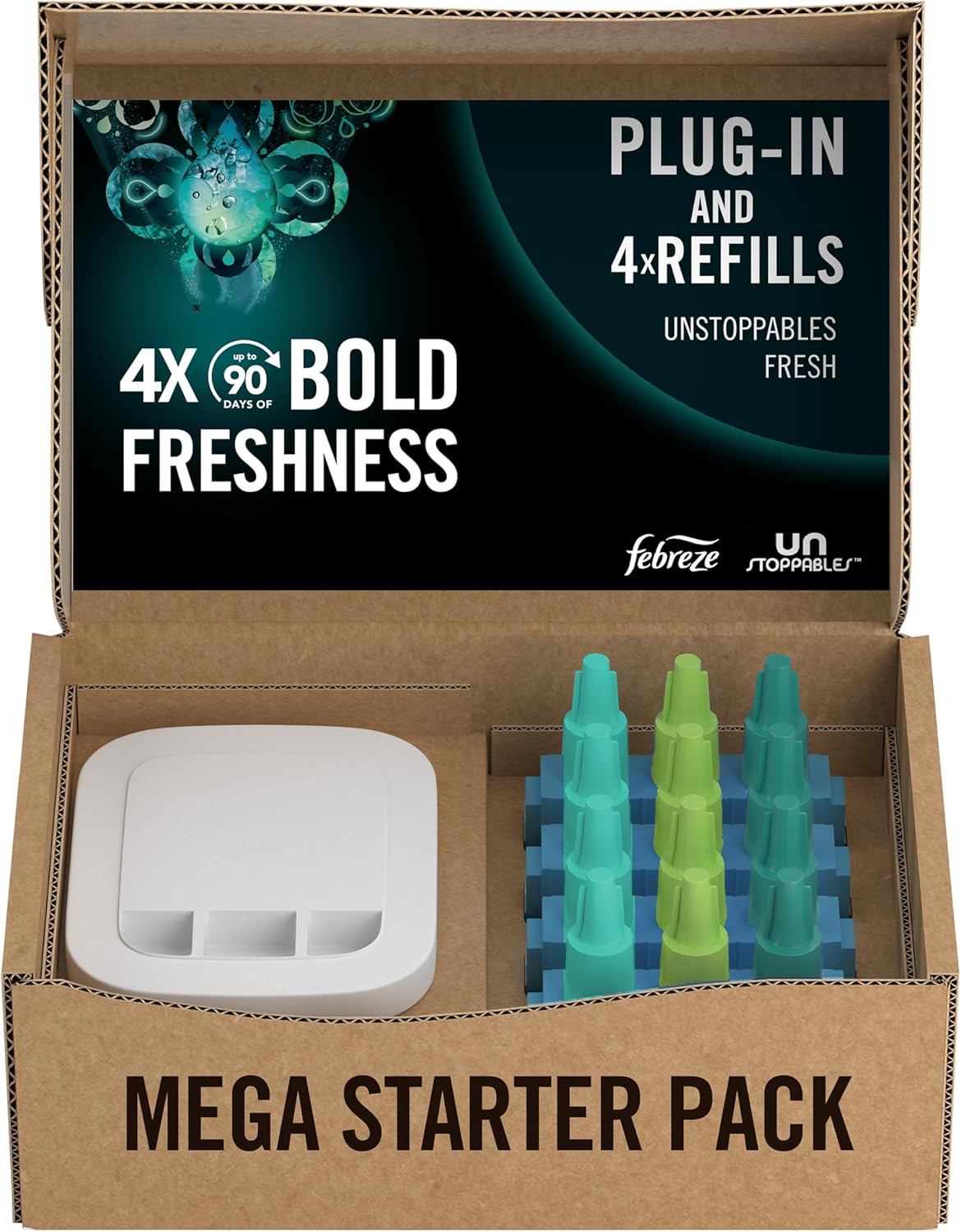Febreze Unstoppables 3Volution Air Freshener Plug-In Diffuser Starter Kit + 4 Refills, (20mlx4), Febreze 3Volution Refill, Odour Fighter, Fresh