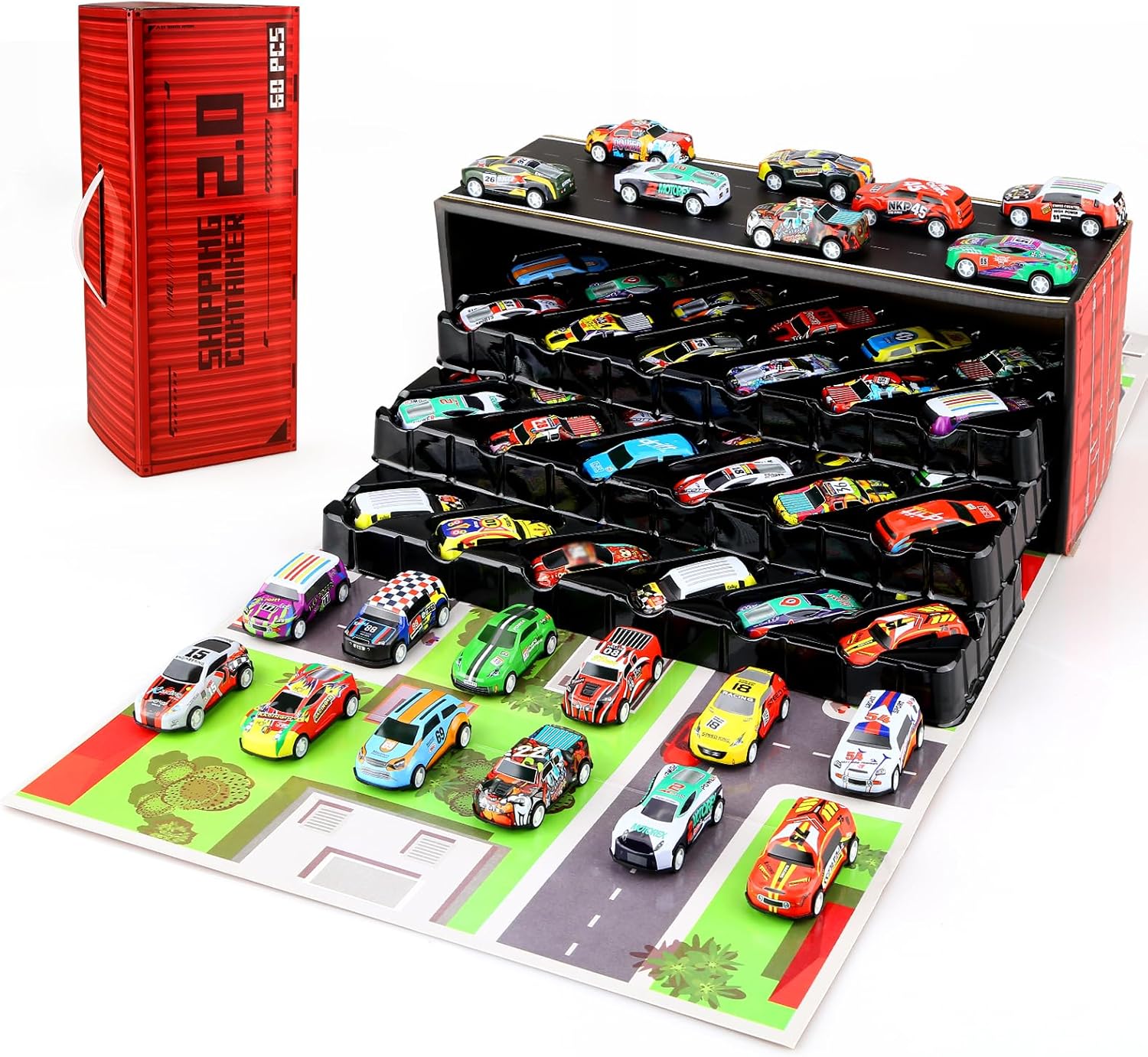 Welmay 60Pcs Pull Back Cars Toys for Kids, Toy Car Storage with Organizer Box & Play Mat, Collapsible Mini Toy Car Garage Parking Lot, Small Play Car Set for Boy & Girl Aged 3+ Party Birthday Gifts