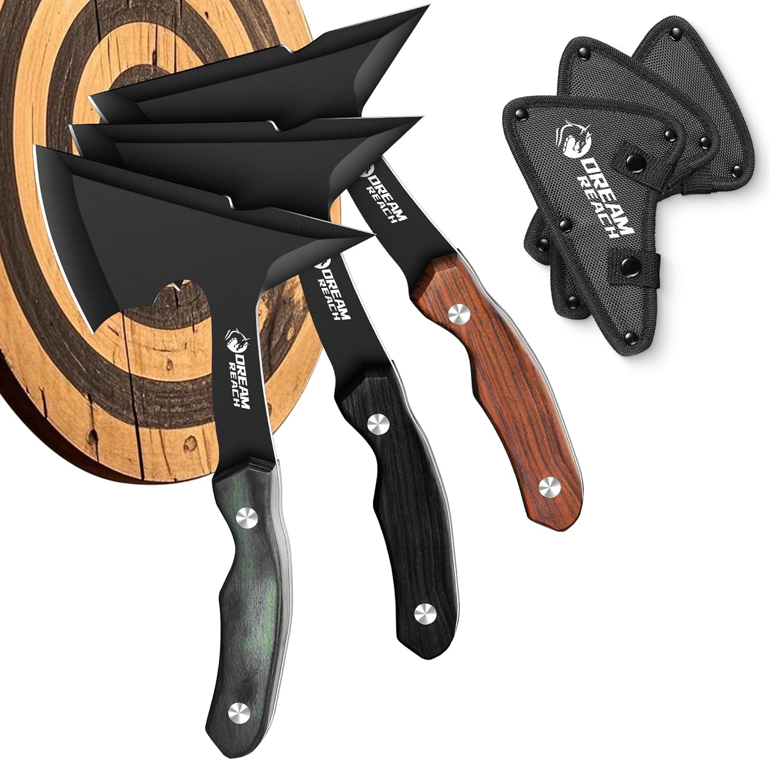 Dream Reach Professional Throwing Axe Set – 3-Pack High-Carbon Steel Throwing Axes for Backyard with Sheaths and Ergonomic Handles for Competition and Recreation, for Men