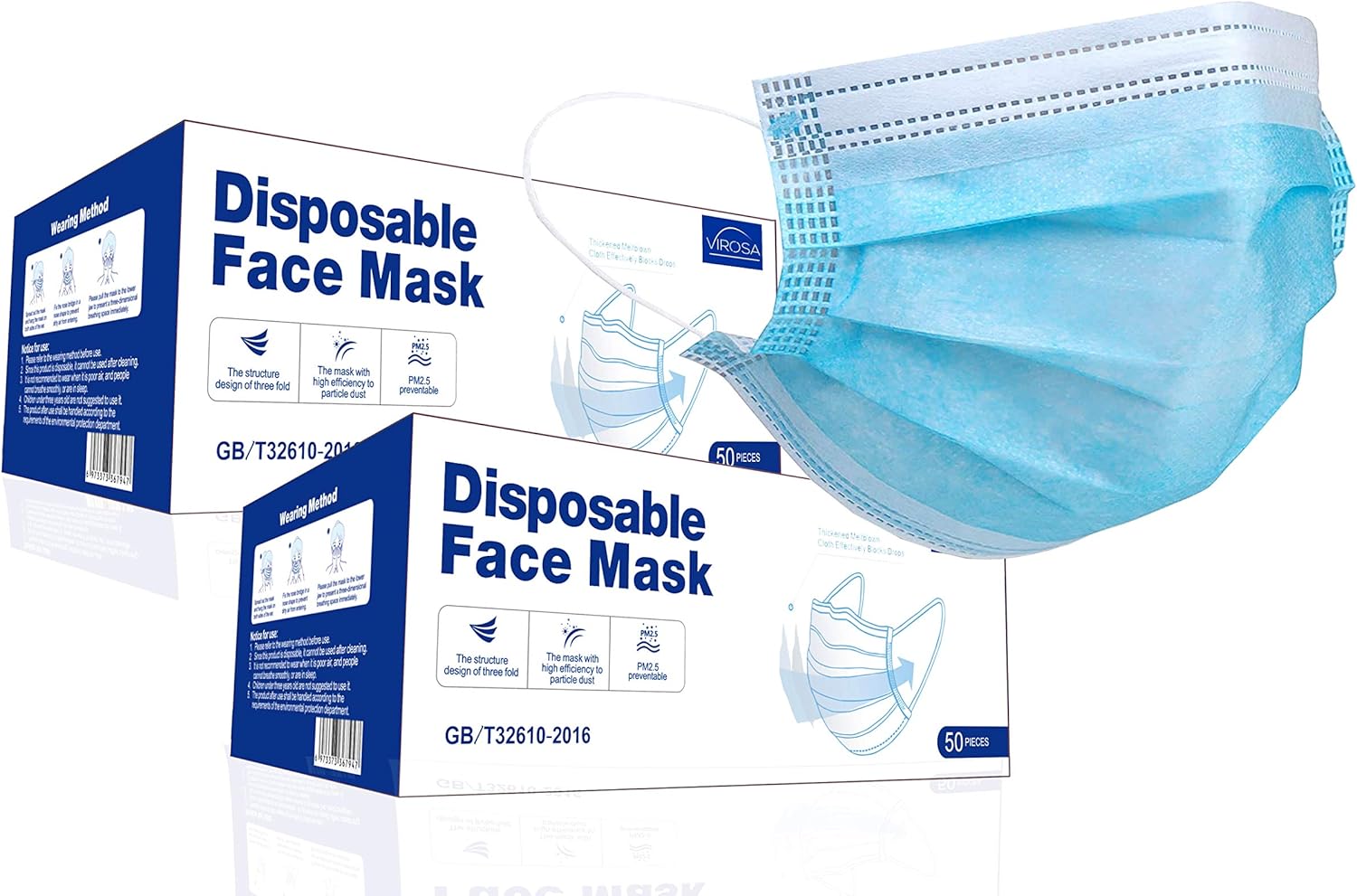 VIROSA Extra VALUE 3 Layer Face Masks | PACK of 100 | Comfortable, Protective and Suitable For Sensitive Skin – Blue