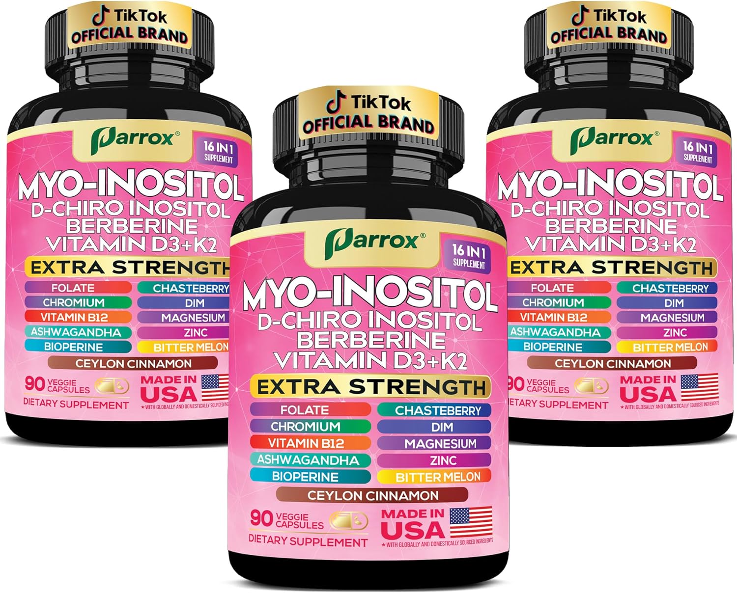 Myo-Inositol Supplement, Berberine, D-Chiro Inositol, Folate, Chromium, Vitamin D3, K2 & B12, DIM, Chasteberry, Ashwagandha, Ceylon Cinnamon, Zinc, Magnesium, Bioperine, Bitter Melon (3 Pack)