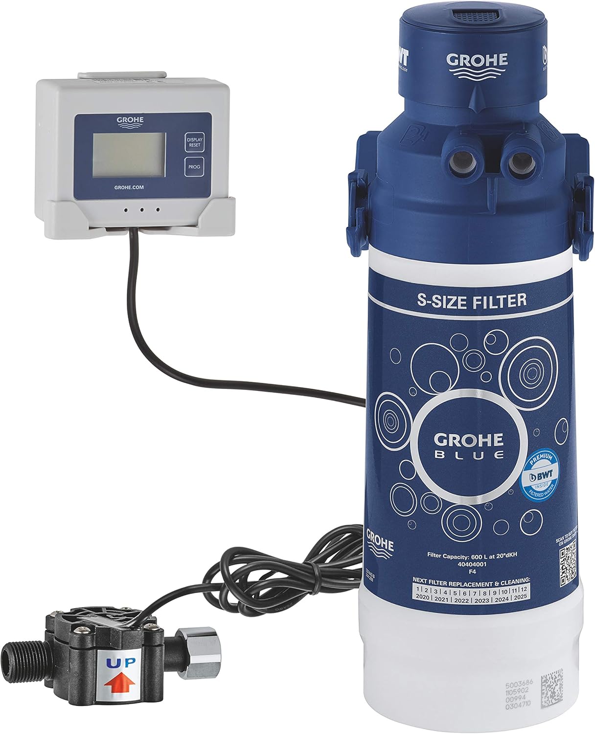 GROHE Blue S-Size Filter Starter Set (Head, Cartridge Capacity 600 L, Flow Meter Including 2 x AA Batteries), for Use with Blue Pure and Red Water Systems Taps, 40438001