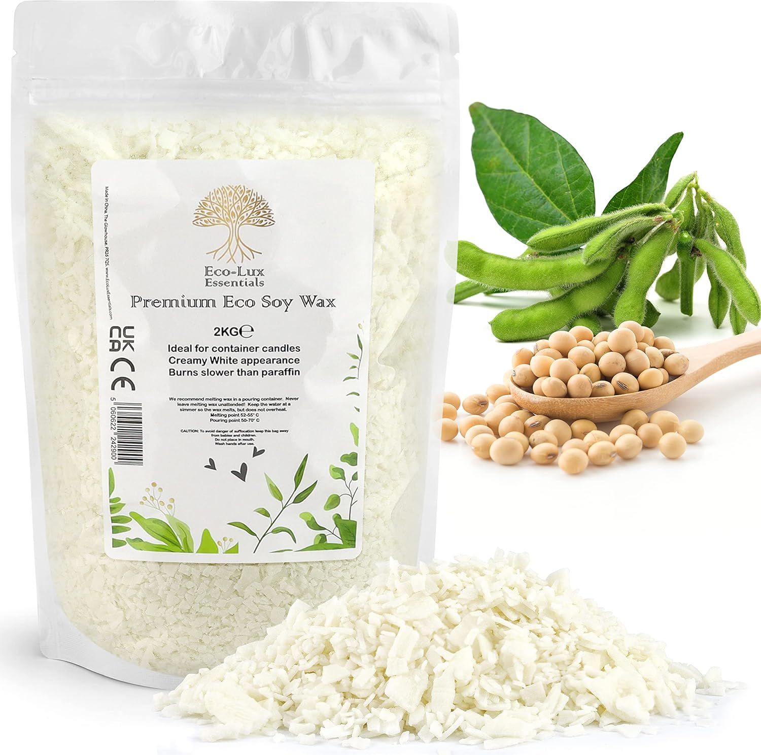 Eco Lux UK 2KG Premium Soy Wax White Flakes, 100% Natural, Vegan Cruelty Free, Organic - Candle Making Container Candles Wax Melts SOYA Wax No additives, Harmless and Pure (2KG)