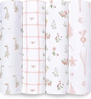 aden + anais Essentials Disney Baby Muslin Swaddle Blankets, Newborn Receiving Blanket for Swaddling, 100% Cotton Baby Swaddle Wrap, 4 Pack, Country Floral