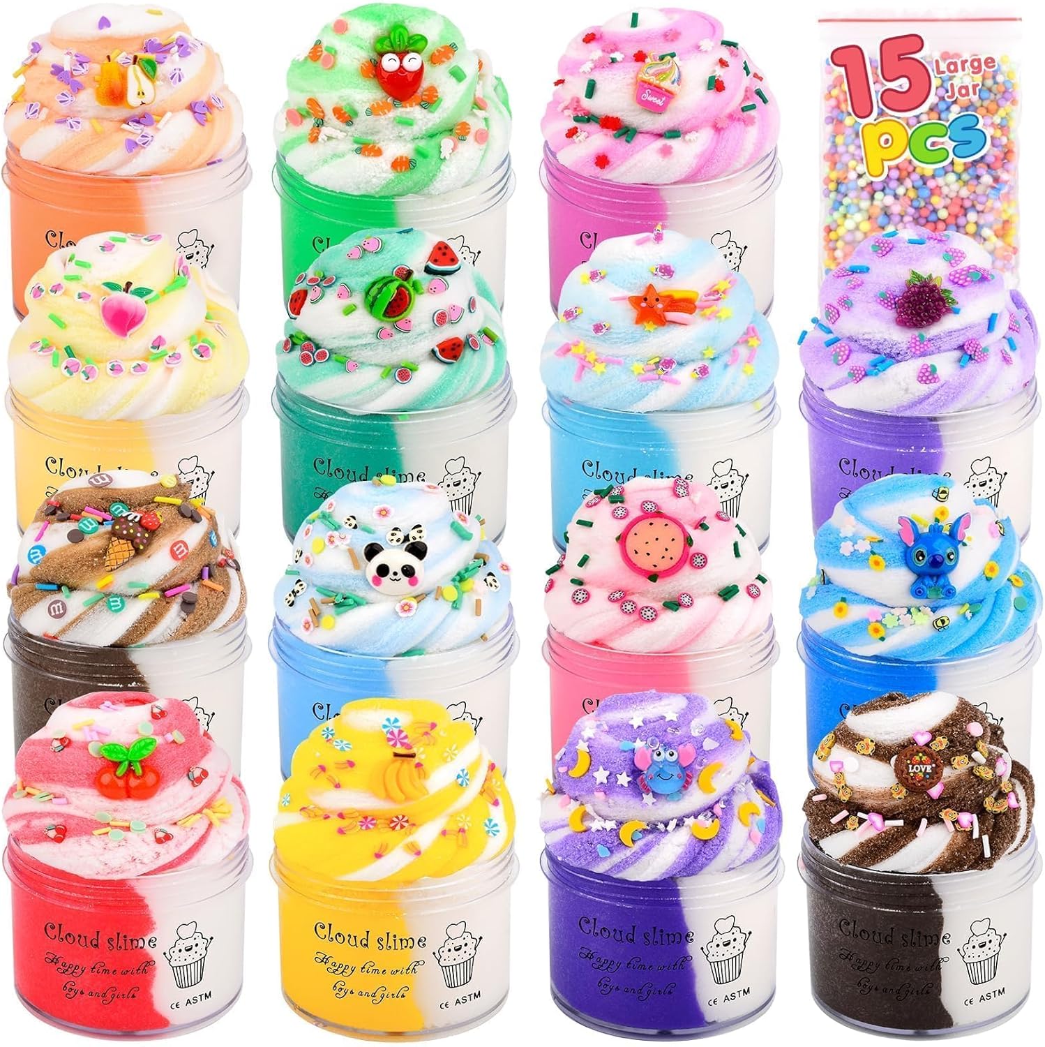 15 Pack Fluffy Cloud Cheap Slime Kit with Blue Cake Fruits and Pink Charms, Easter Birthday Party Favor, Scented Bulk Making Slime Supplies for Girls and Boys, Bag Fillers Toy for Kids 4-12