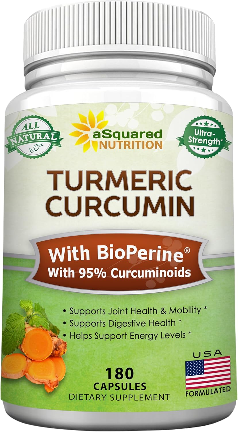 aSquared Nutrition Turmeric Curcumin 1600mg with BioPerine Black Pepper Extract - 180 Capsules with 95% Curcuminoids, 100% Natural Tumeric Root Powder Supplements, Natural Joint Stiffness Relief Pills