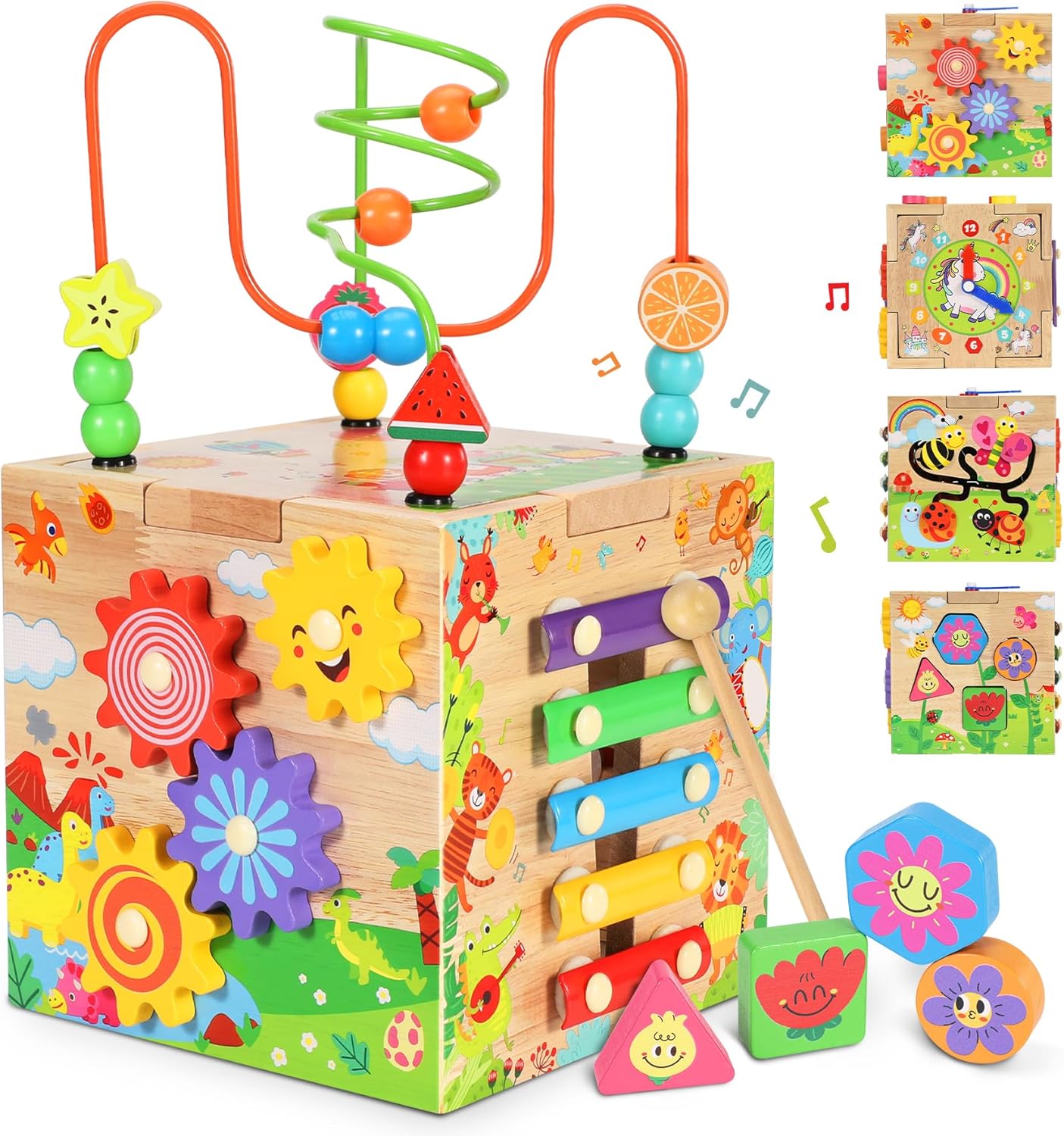 Subtail Wooden Activity Cube Baby Toys,6-in-1 Montessori Educational Toy Set for 1 Year Old Boys Girls, Educational Learning Presents for Boys Girls Toddlers Age 1 2 3