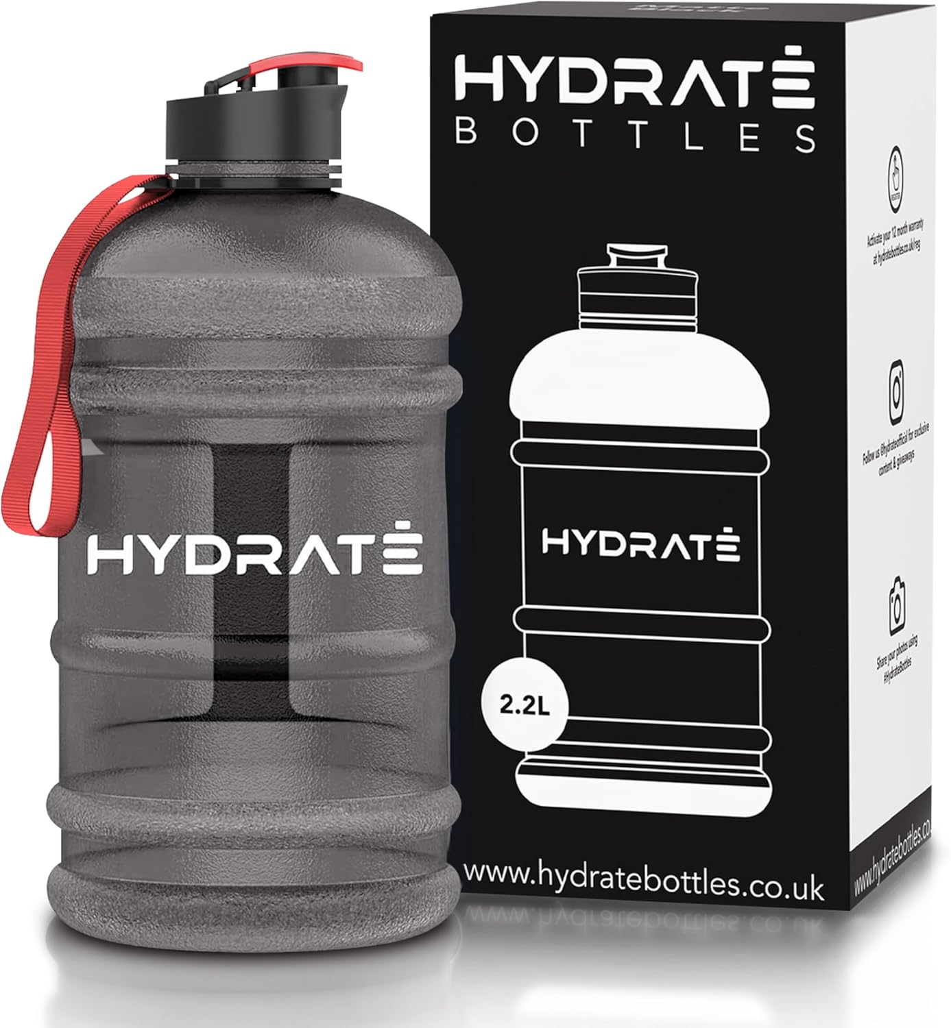 HYDRATE XL Jug 2.2 Litre Water Bottle BPA Free with Handle and Flip Top Lid for Daily Use - Hydration Bottle for Active Lifestyles - Reliable Water Jug for Gym, Travel, and Outdoor Use (Black)