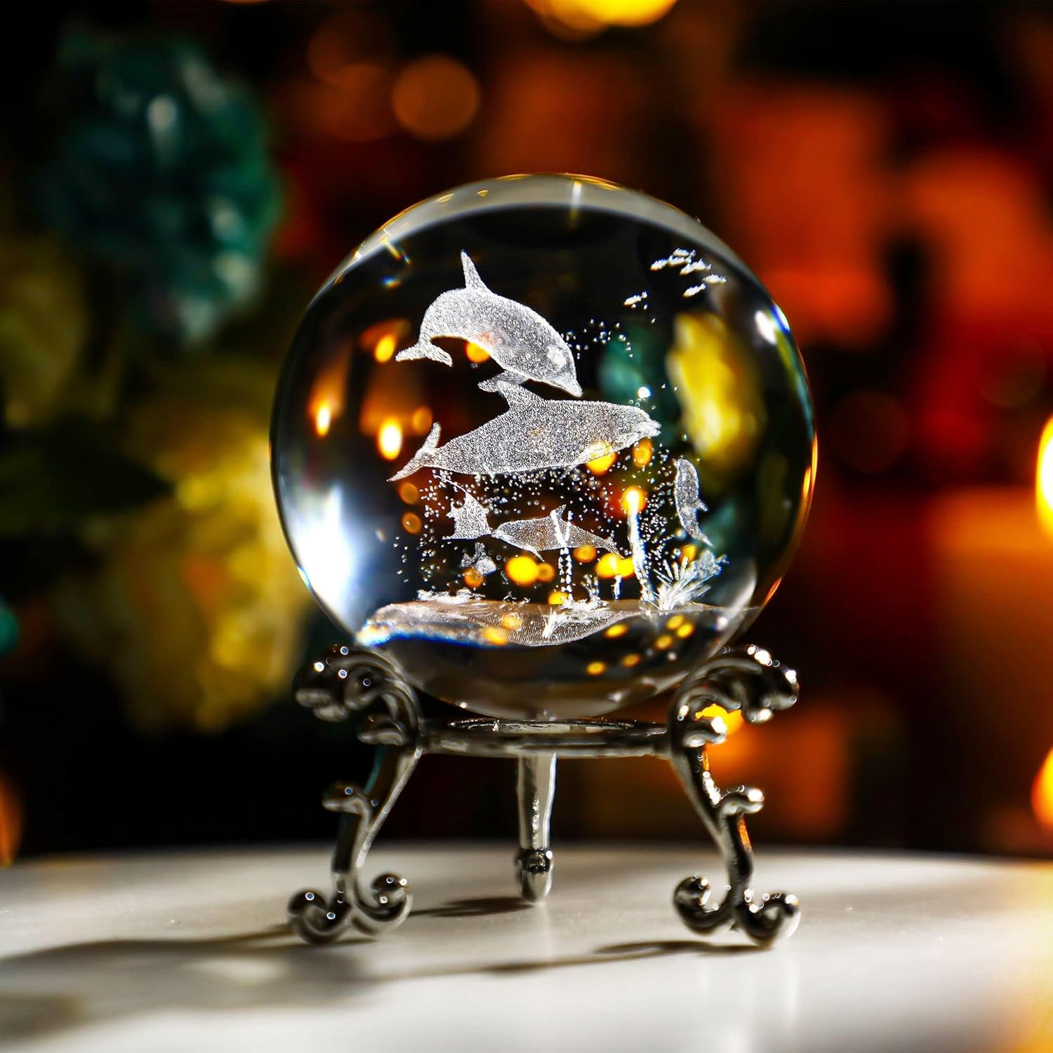 HDCRYSTALGIFTS 60mm Dolphin Crystal Ball with Stand 3D Laser Engraved Sea Animal Figurines Decorative Glass Sphere Paperweight(Clear)