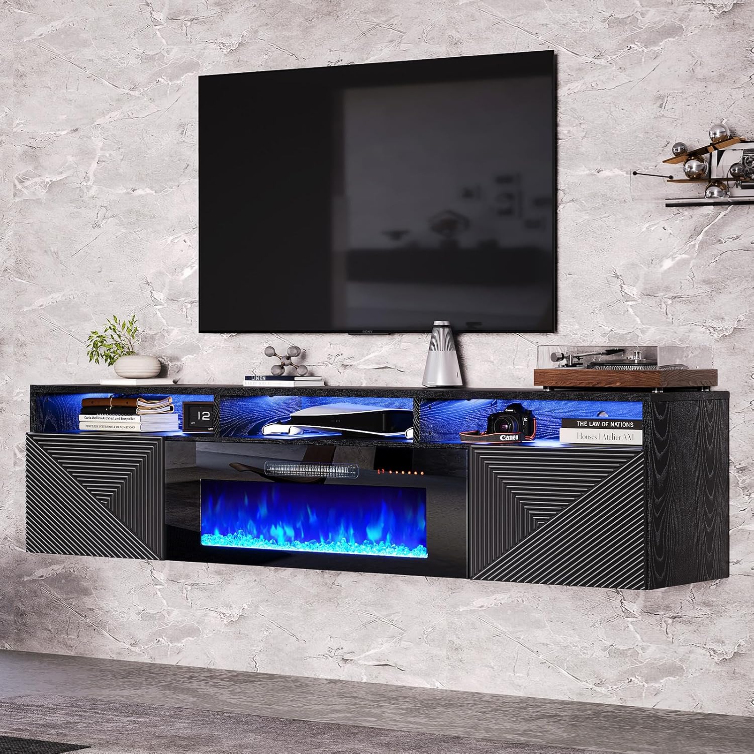 AMERLIFE Floating Fireplace TV Stand with 36" Electric Fireplace, 70in Wall Mounted Entertainment Center with Storage, Media Console with High Gloss Doors for TVs Up to 80", All Black