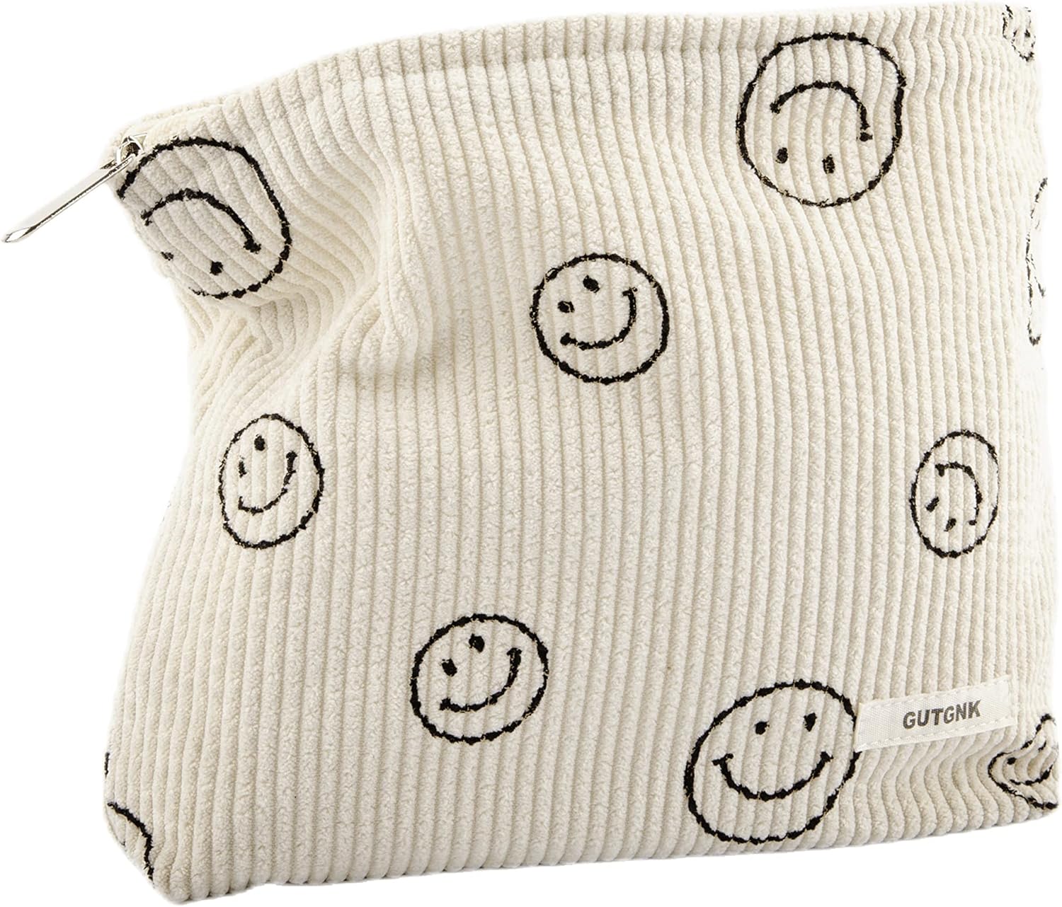 GUTGNK Makeup Bag For Women - Corduroy Cosmetic Bags Aesthetic Design Ladies Tote Bag,Women's Pencil Case,Cute Smiley Face Makeup Organizer with Zipper (Beige)