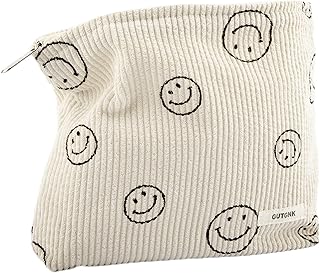 GUTGNK Makeup Bag For Women - Corduroy Cosmetic Bags Aesthetic Design Ladies Tote Bag,Women's Pencil Case,Cute Smiley Face Makeup Organizer with Zipper (Beige)
