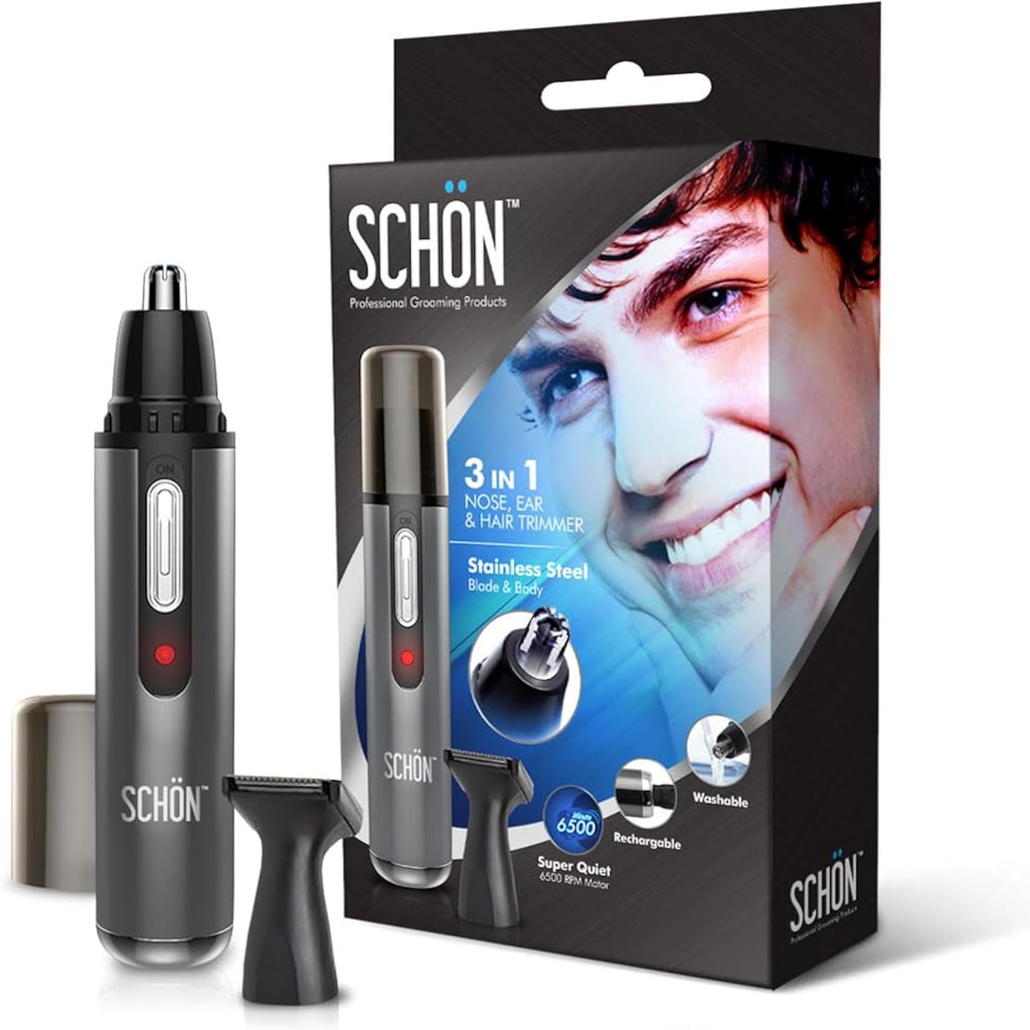 SCHON Nose Hair Trimmer - Hair Trimmer Stainless Steel Rechargeable 3-in-1 Eyebrow Ear Facial Nose Men - Waterproof Grooming Tool for Men and Women - Precise Trimming and Easy Maintenance
