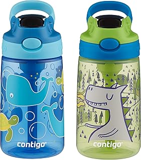 Contigo Aubrey Kids Water Bottle with Silicone Straw and Spill-Proof Lid, 14 oz, 2 Pack, Whales & Dragon