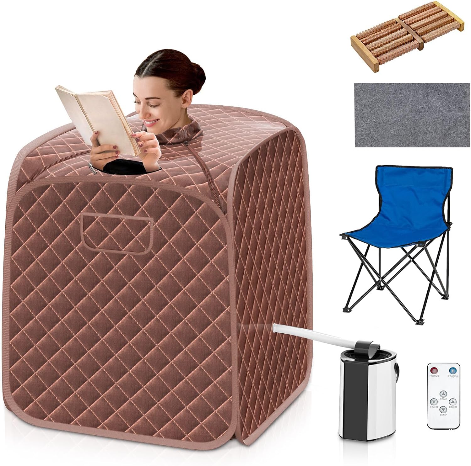 Portable Steam Sauna, Personal Full Body Sauna Spa with Remote Control, Folding Chair and Foot Massage Roller, Lightweight Foldable Home Sauna Tent (Brown)