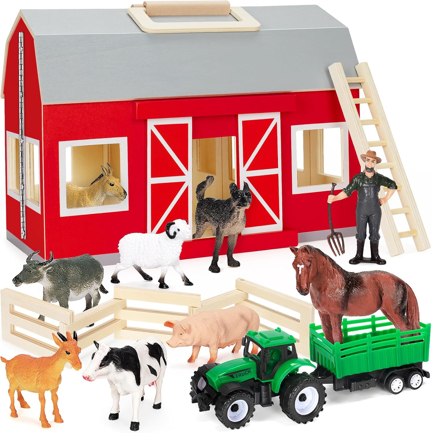 GMAOPHY Farm Animals Toys for 3+ Year Old Toddlers Girls Boys, Big Wooden Barn Farm with Figures Animals Toy for Kids, Farm Playset Educational Learning Toys, Ideal Christmas Birthday Gifts