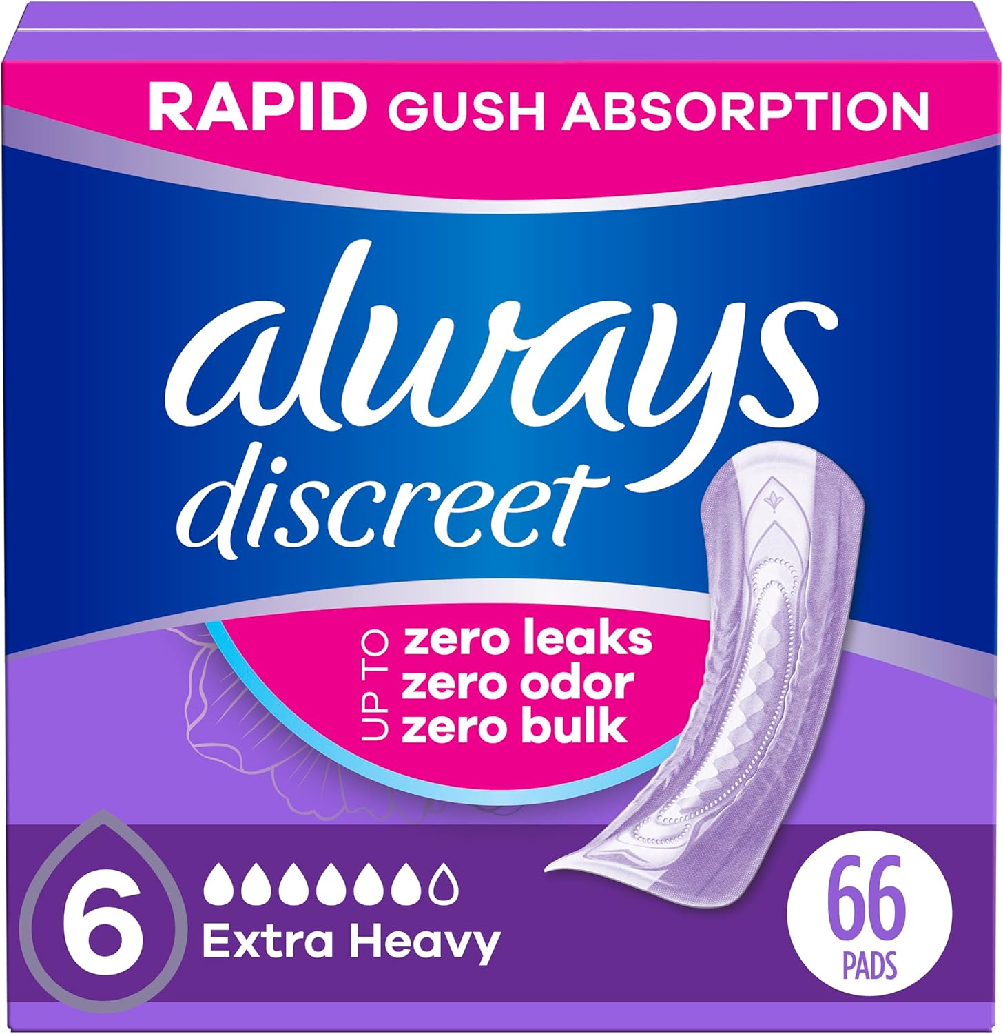 Always Discreet Adult Incontinence Pads for Women, Extra Heavy Absorbency, Regular Length, Postpartum Pads, 66 Count (2 Packs of 33)