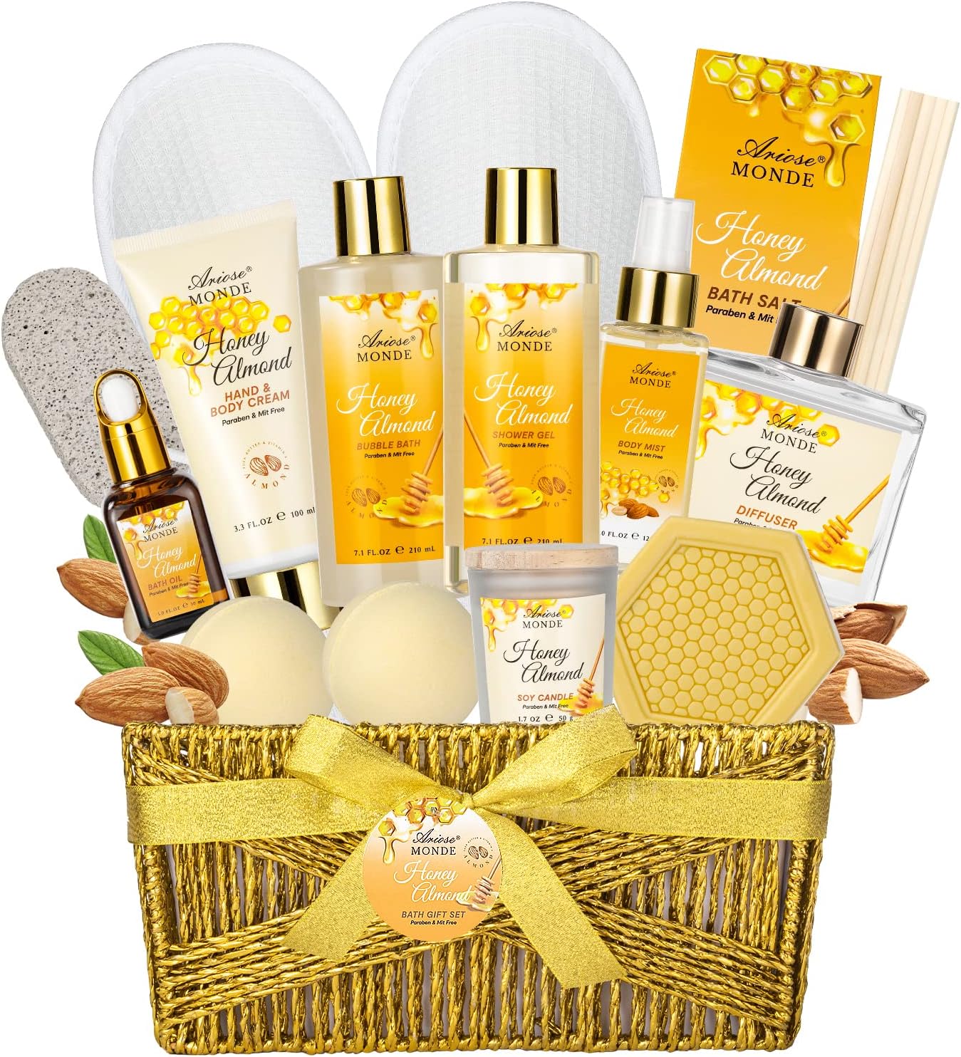 ArioseMonde - Bath & Body Gift Set, Luxury Spa Gift Basket for Home, Honey Almond Scent, Bath Set, Pampering Gifts