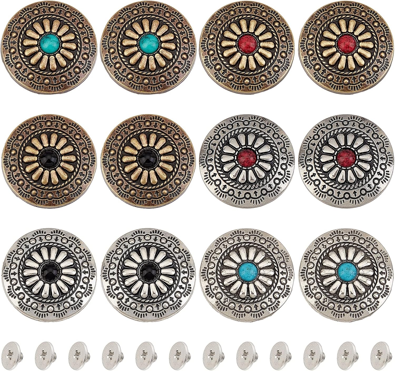 GORGECRAFT 12Pcs 30mm Screw Back Buttons Concho Screw Back 6 Colors Replacement Vintage Western Style Turquoise Round Flower Buds Buttons for DIY Leather Craft Fabrics Sewing Bags Decoration