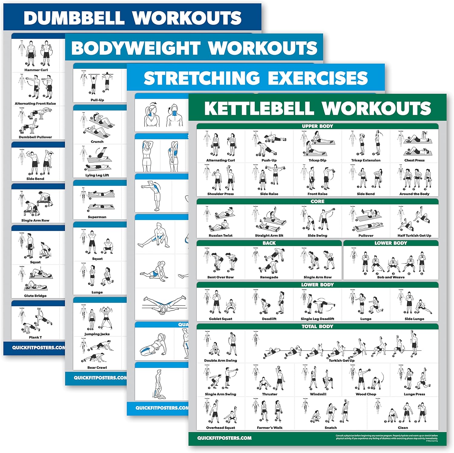 Palace Learning 4 Pack - Dumbbell Workouts + Bodyweight Workouts + Stretching Exercises + Kettlebell - Set of 4 Workout Charts (18” x 24”, LAMINATED)