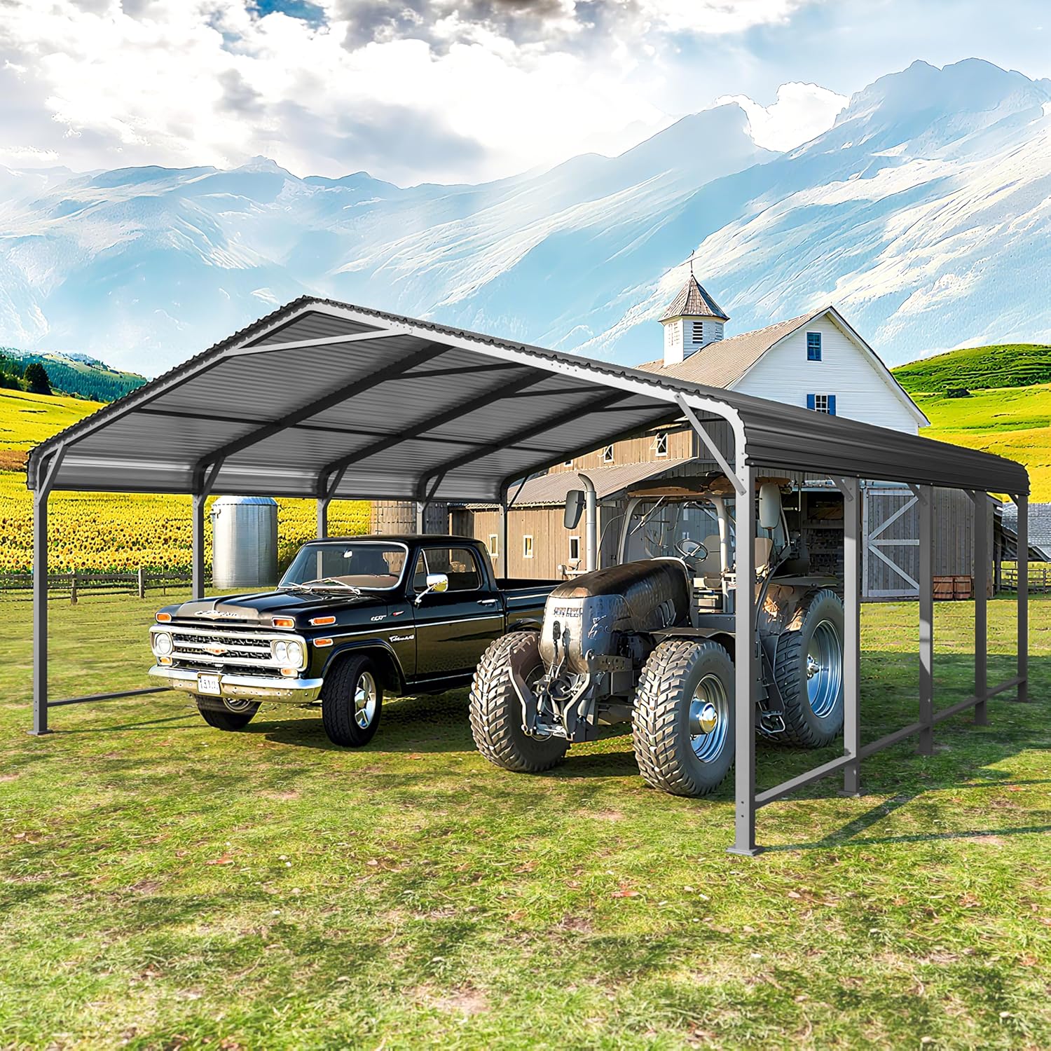 20'x20' Metal Carport with Updated Roof & Enhanced Base, Heavy Duty Canopy Carport Garage, Vertaile for Car, Truck, Boat, Tractors, Party, Dark Gray