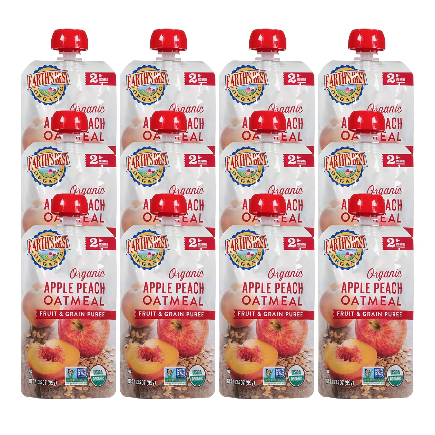 Earth's Best Organic Stage 2 Baby Food, Apple and Peach Oatmeal, 3.5 oz Pouch (Pack of 12)