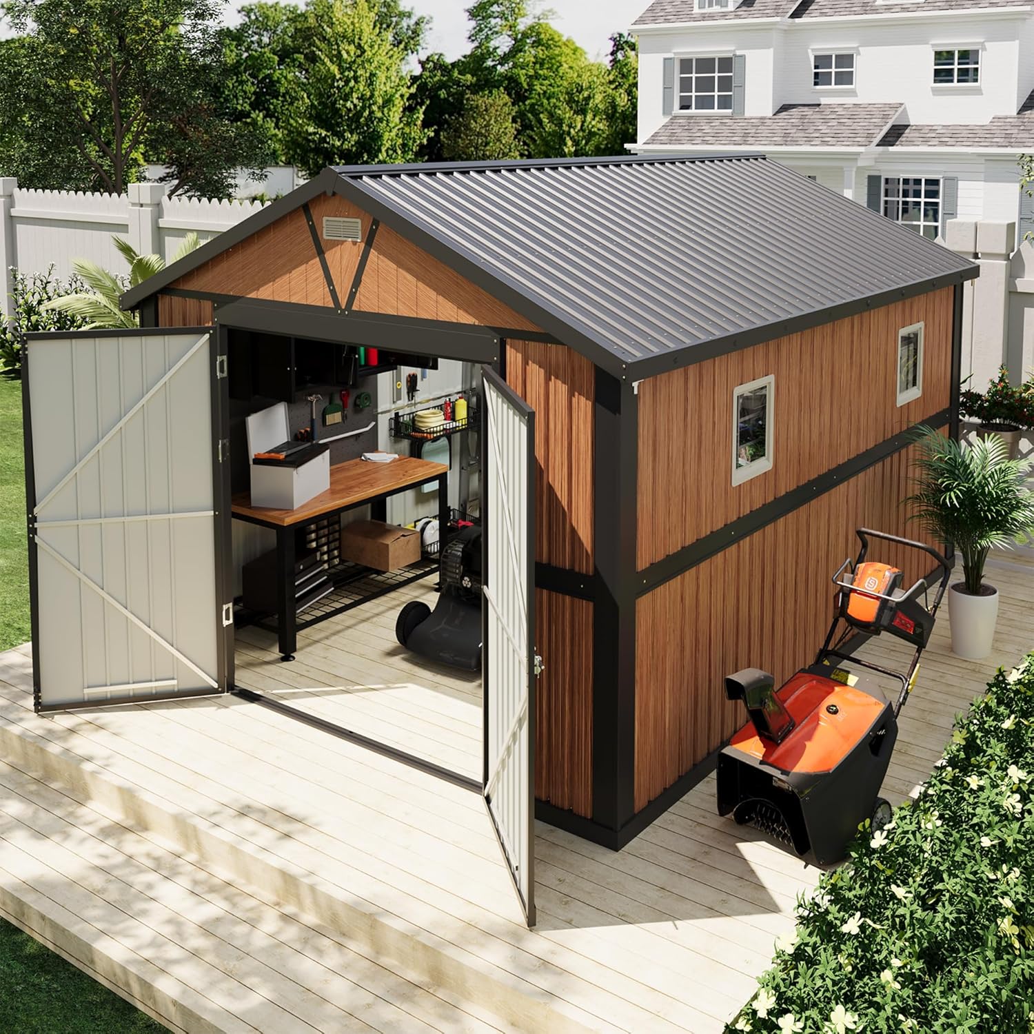 10x12FT Outdoor Storage Shed, Metal Garden Shed with Floor Base, Lockable Doors and Windows, Large Tool Shed for Backyard, Patio and Lawn
