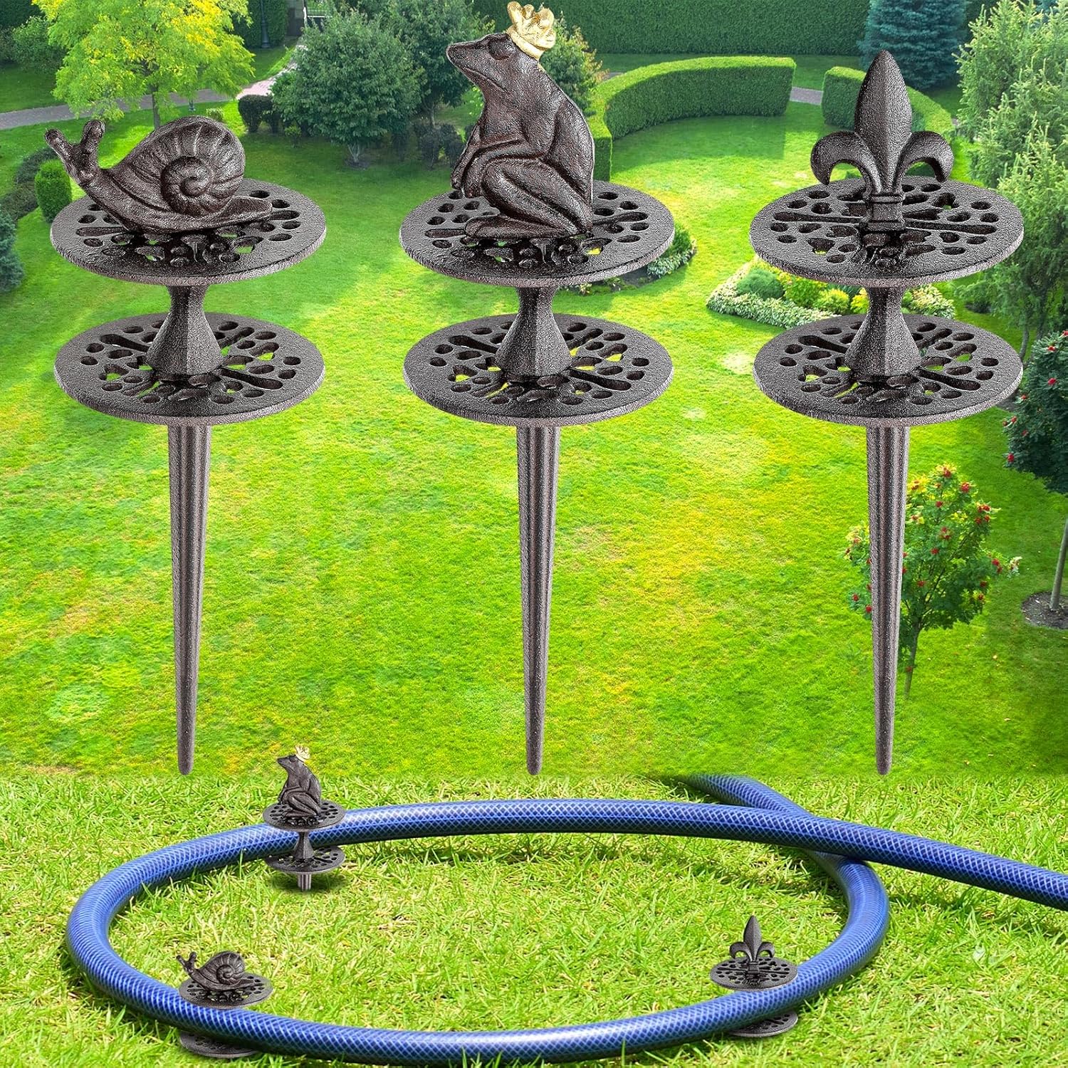 3 Pcs Garden Hose Guide Set Stakes Heavy Duty Cast Iron Water Hose Guide Spike Garden Stakes Decorative for Outside Flower Beds Plant(Stylish)