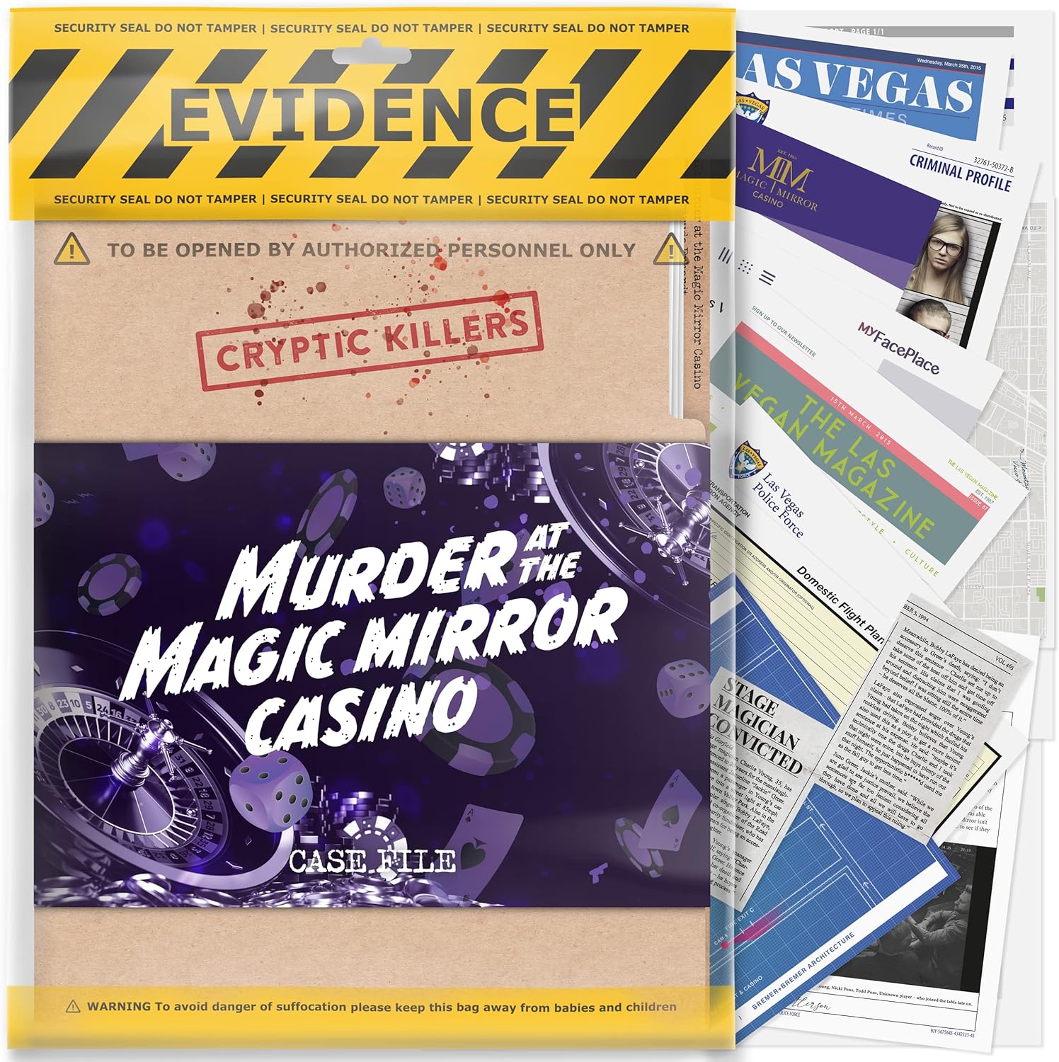 Cryptic Killers Unsolved murder mystery game - Cold Case Files Investigation Detective Evidence & Crime File - individuals, date nights & party games- Murder at the Magic Mirror Casino