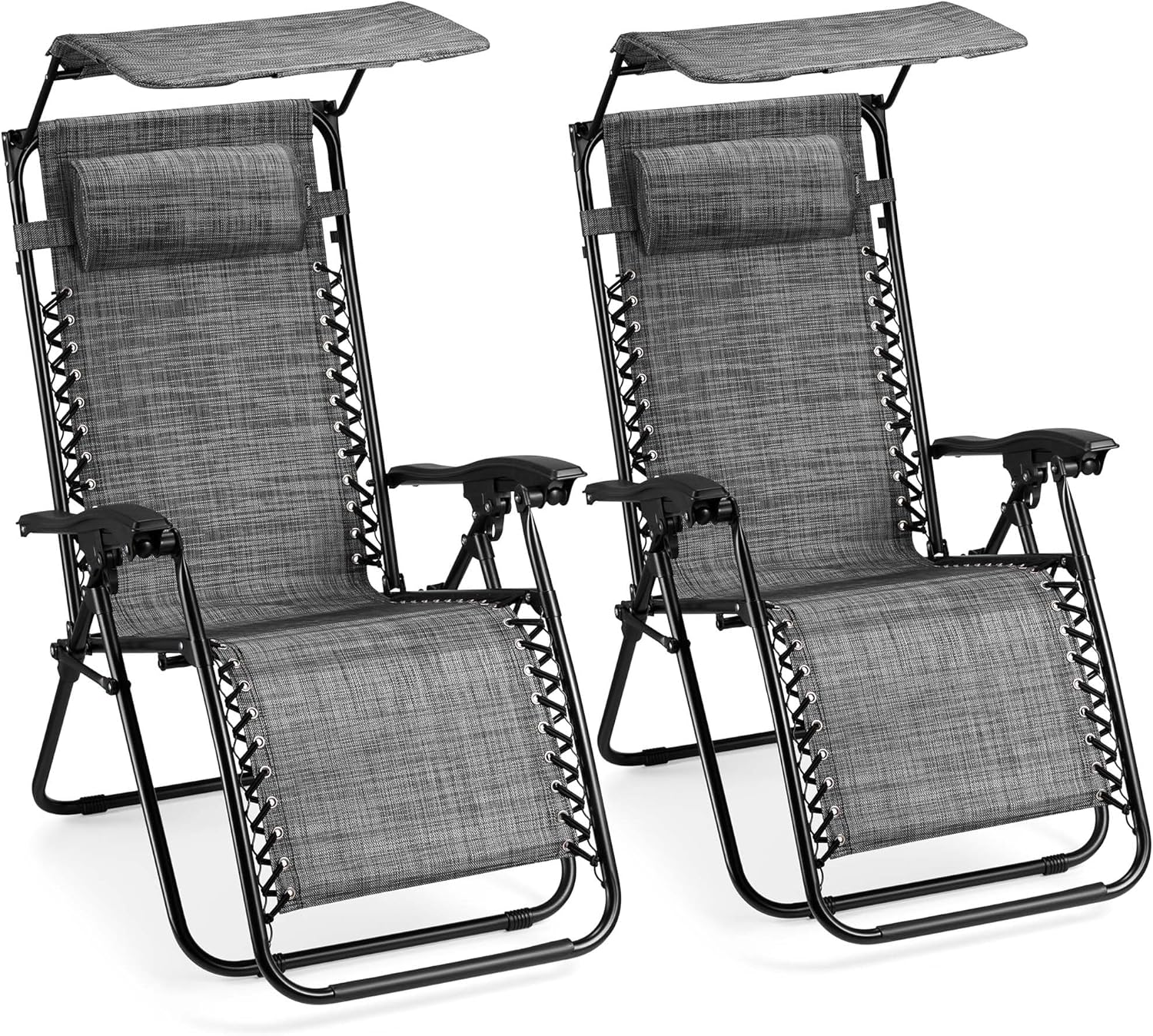 VonHaus Zero Gravity Chairs with Canopy Set of 2 - Grey Reclining Sun Loungers for Garden - Textilene Folding Sunloungers with Adjustable Sun Shade - 2 Set Deck Chairs for Outdoor, Patio & Decking