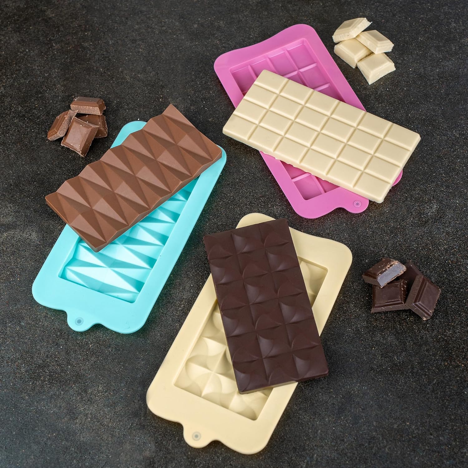 3-Pack Silicone Chocolate Moulds – Colourful Assorted Shapes for DIY Chocolate Bars, Candy, Jelly, Party Treats – Food Grade Non-Stick Molds for Baking & Gifting (1 Pack - 3pcs)